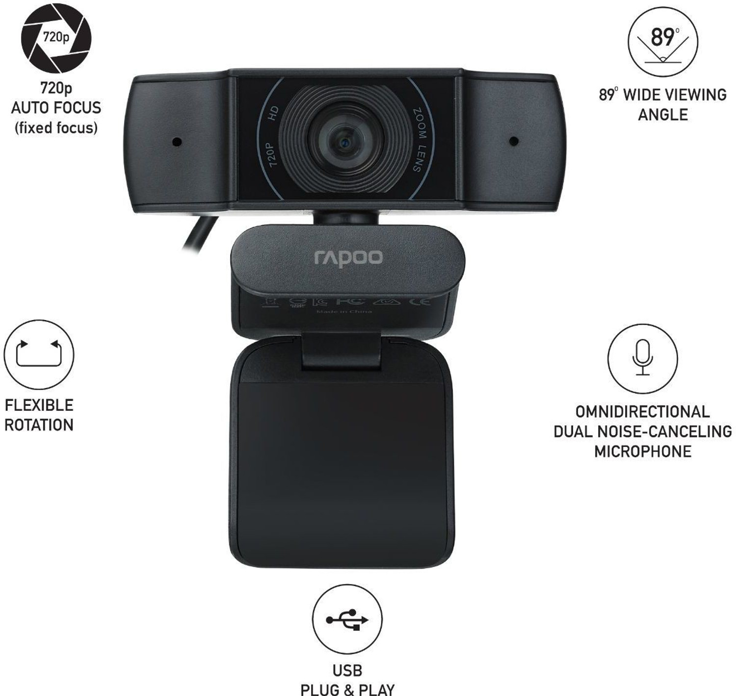 Image of RAPOO C200 HD Webcam 720p, with Microphone, USB Connectivity