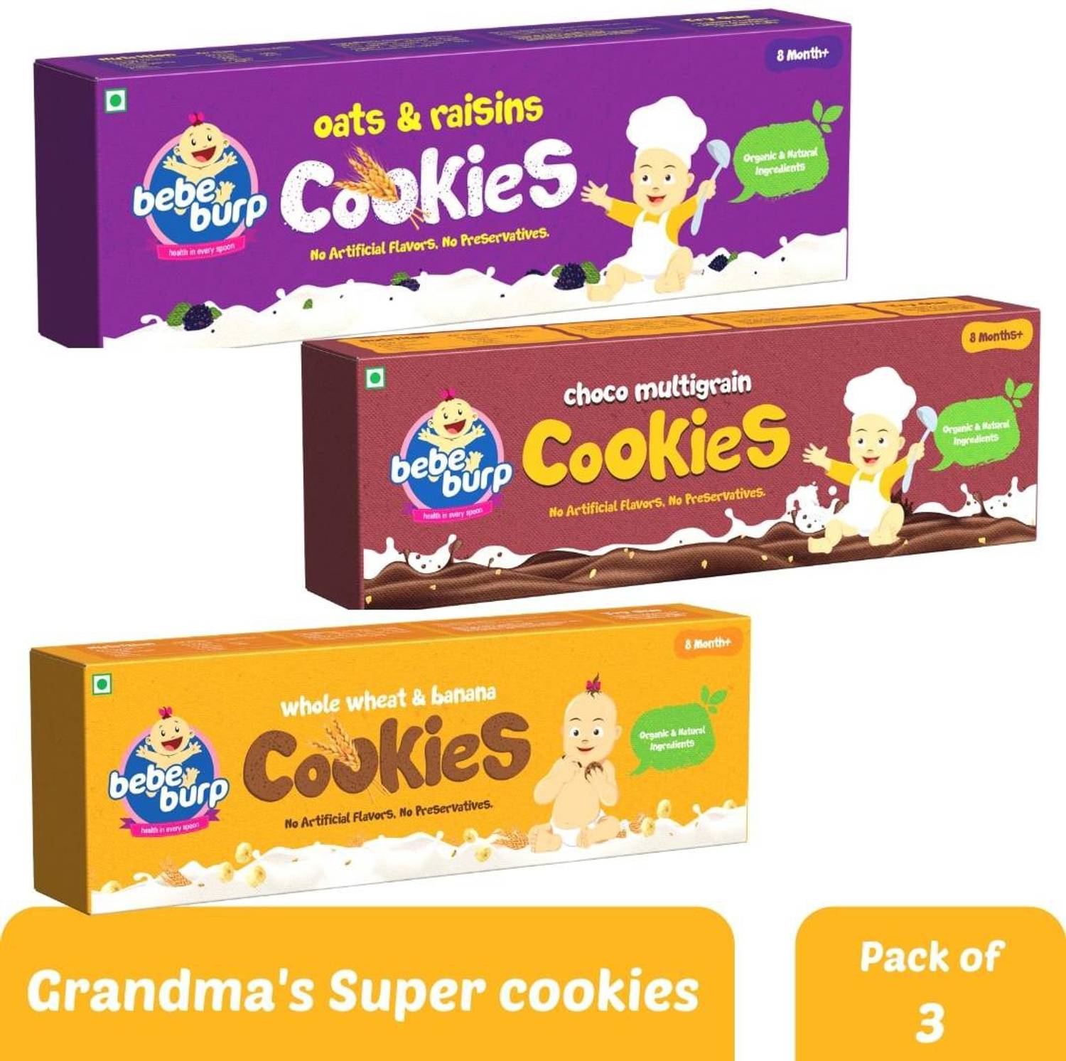 bebe burp Baby Cookies Pack of 3 - 150g each (Oats & Raisins,Choco Multigrain,hole Wheat) Baby Snacks 400 g