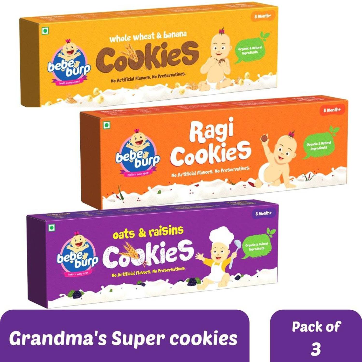 bebe burp Kids Cookies Combo Pack of 3 - 150g each (Ragi, Whole Wheat, Oats & Raisins ) Baby Snacks 400 g