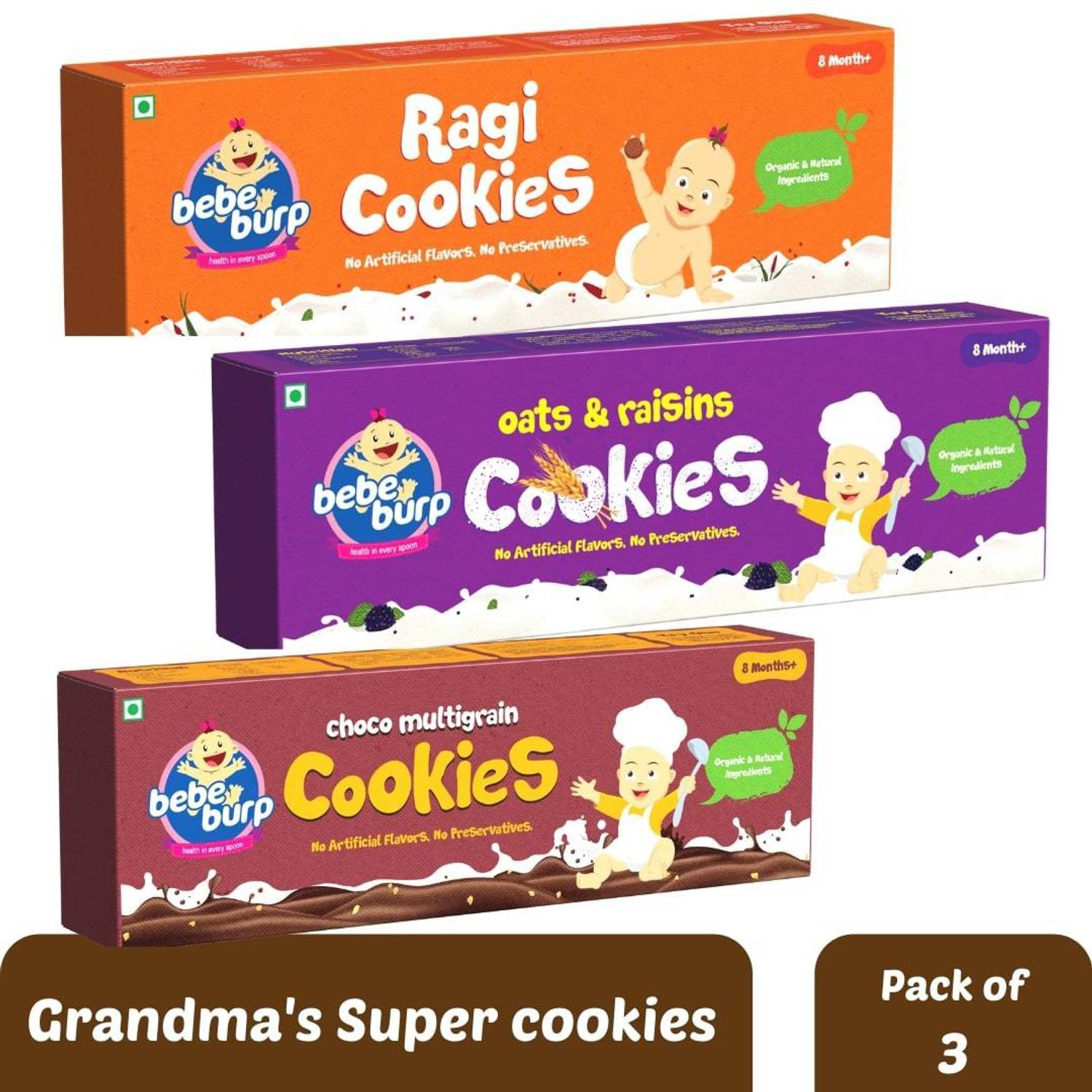 bebe burp Cookies Combo Pack - 3 Varieties,150g Each (Ragi,Oats-Raisins,Choco Multigrain) Baby Snacks 400 g