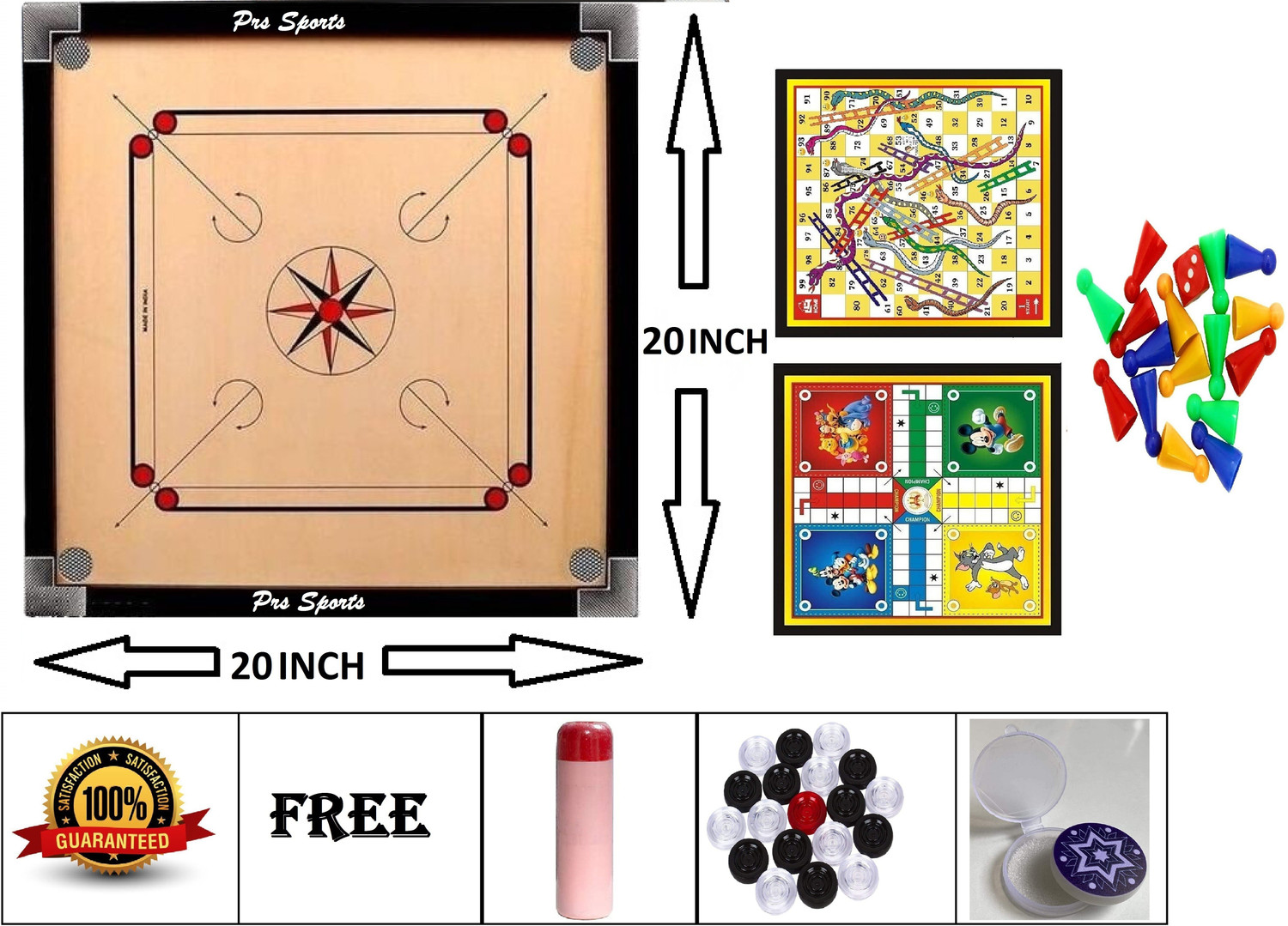 Image of PRSSPORTS Present Small 20 inch Combo Pack (Free Ludo , Crystal Coin, & Powder) 5 cm Carrom Board