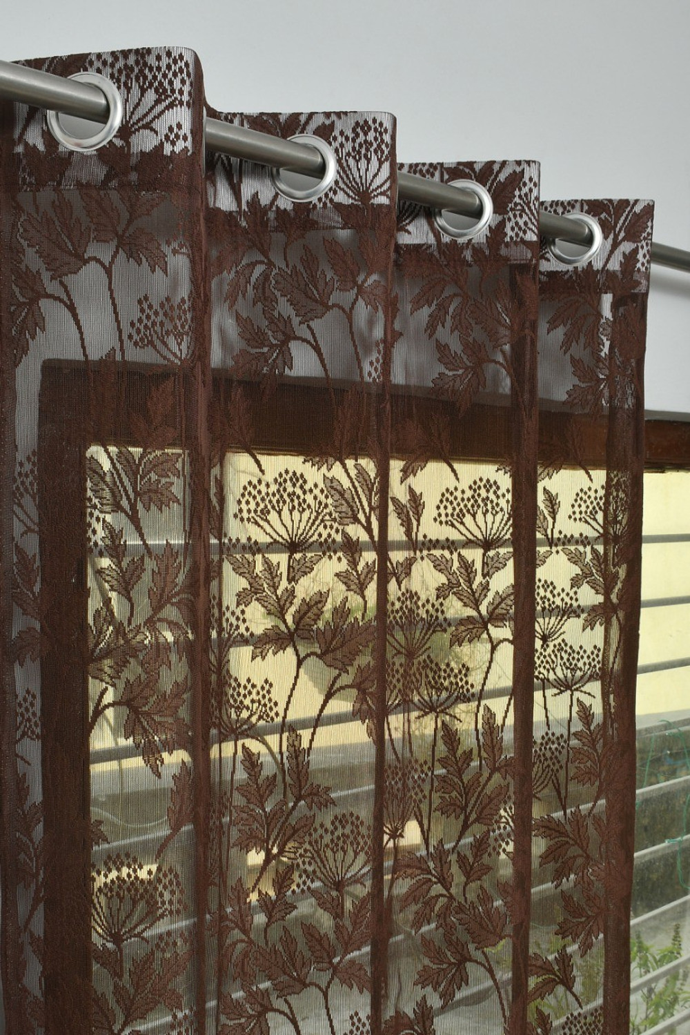 Image of REHAAN 153 cm (5 ft) Window Net Semi Transparent Curtain (Pack Of 2) (Coffee, Self Design)