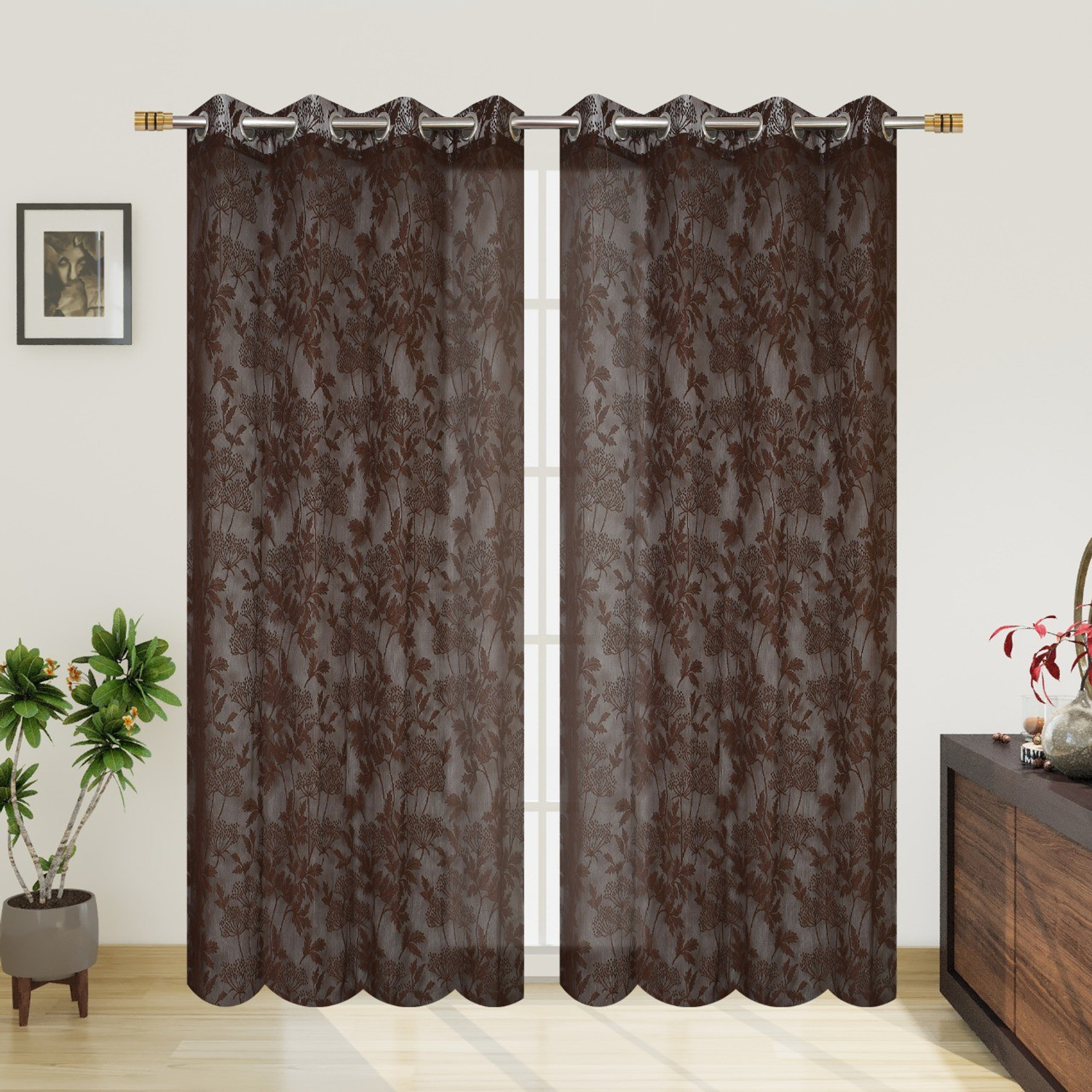Image of REHAAN 153 cm (5 ft) Window Net Semi Transparent Curtain (Pack Of 2) (Coffee, Self Design)