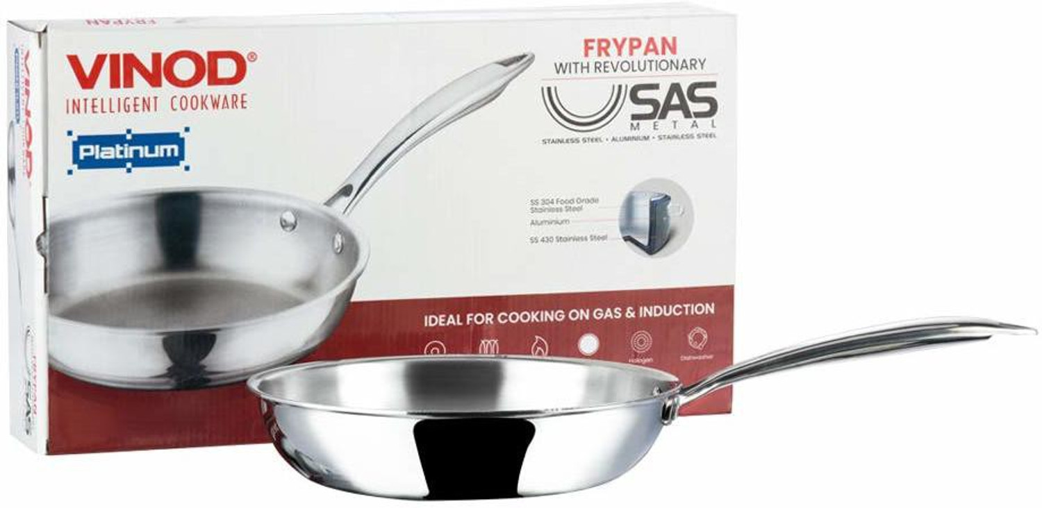 Image of VINOD Platinum Triply Stainless Steel Frypan 20 cm Diameter with Riveted Sturdy Handle Fry Pan 20 cm diameter 2.5 L capacity