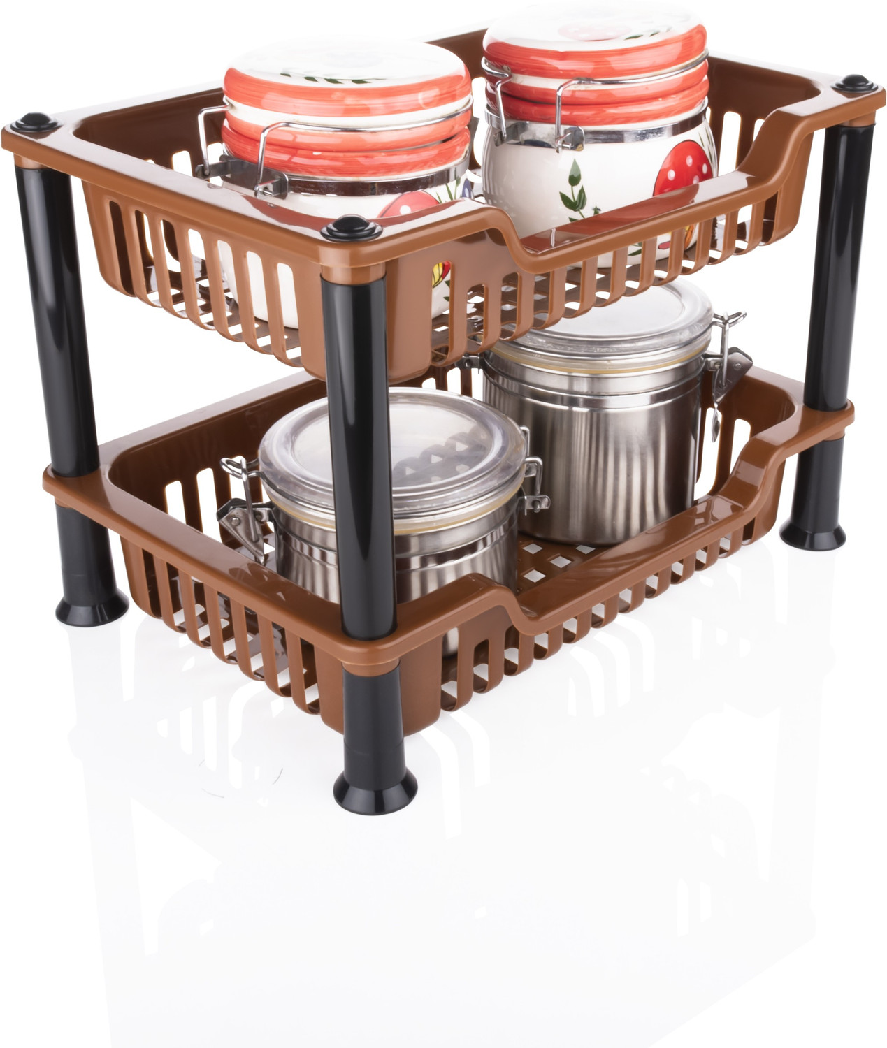 Image of MECHON Plastic Plastic 2 Layer Kitchen Storage Rack, Fruits /Vegetables Rack (2 Layer, Brown) Storage Basket