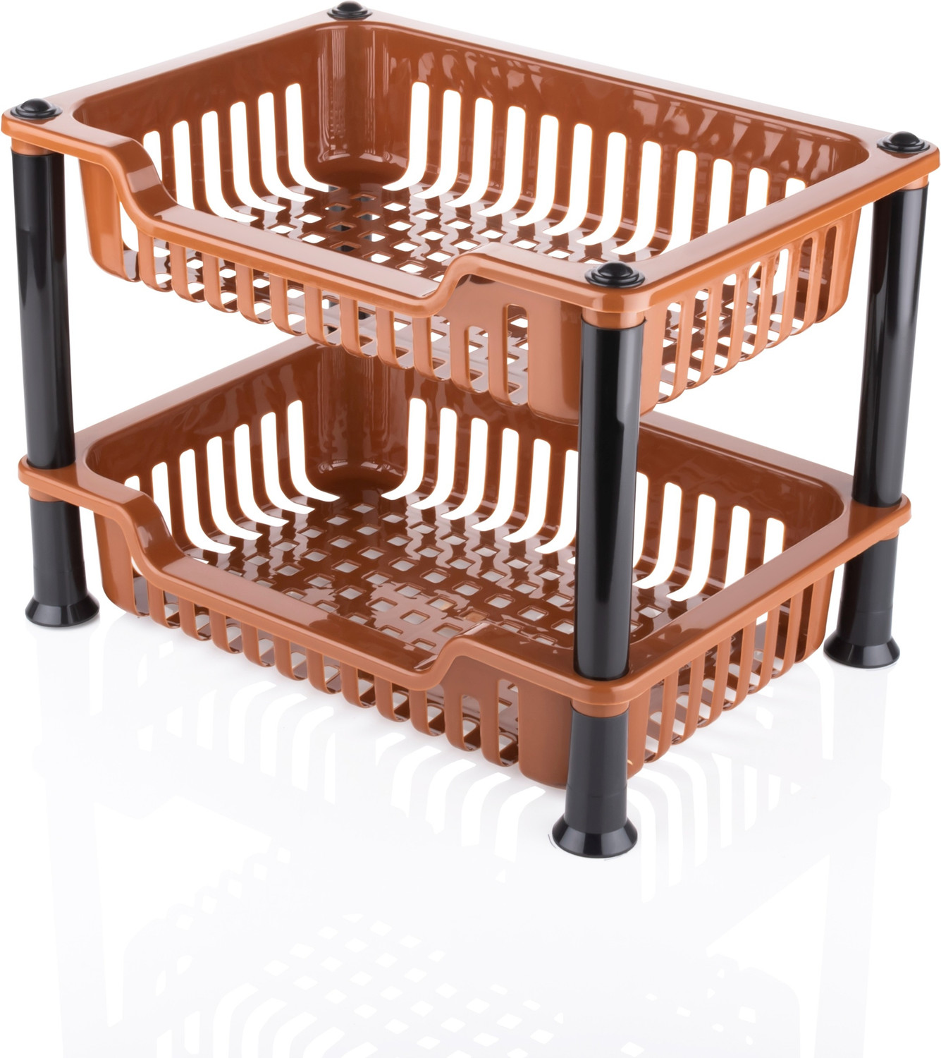 Image of MECHON Plastic Plastic 2 Layer Kitchen Storage Rack, Fruits /Vegetables Rack (2 Layer, Brown) Storage Basket