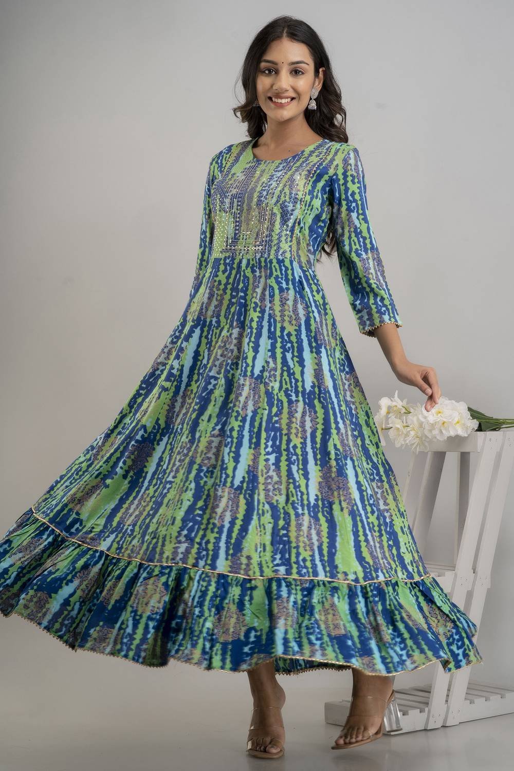 PRISCA Women Printed Viscose Rayon Flared Kurta (Blue, Light Gree