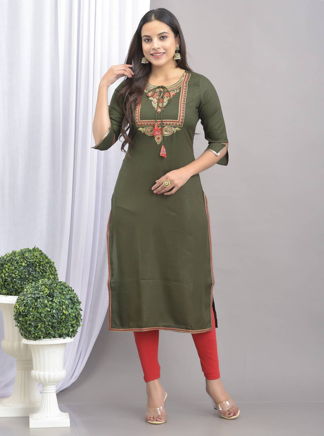Maquien Women Embroidered Viscose Rayon Straight Kurta (Green)