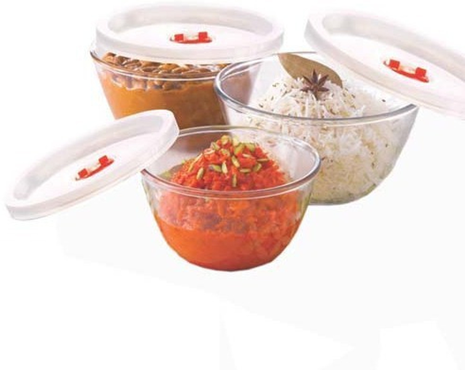 Image of BOROSIL Glass Serving Bowl Mixing Bowl Sets-500 ml +900 ml +1.3 L Glass Bowl Set (White, Pack of 3) with lid