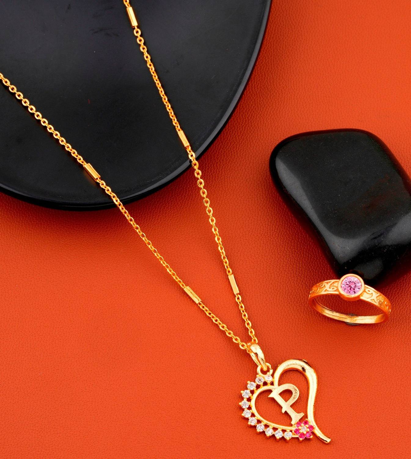 Bright STYLE ''P'' letter pendant necklace chain with ring for women & girls Gold-plated Plated Alloy Chain