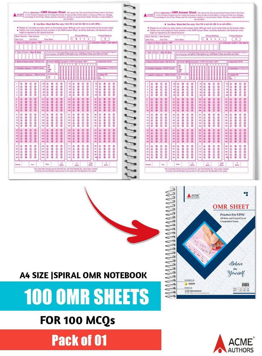 Acme Authos Upsc OMR Sheet For Practice 100 Sheets Fo 100 Mcqs
