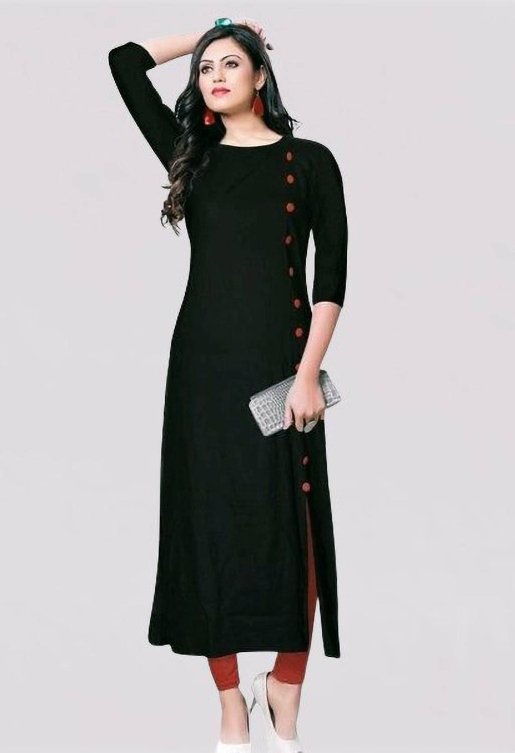 Kaircollection Women Solid Viscose Rayon Straight Kurta (Black)