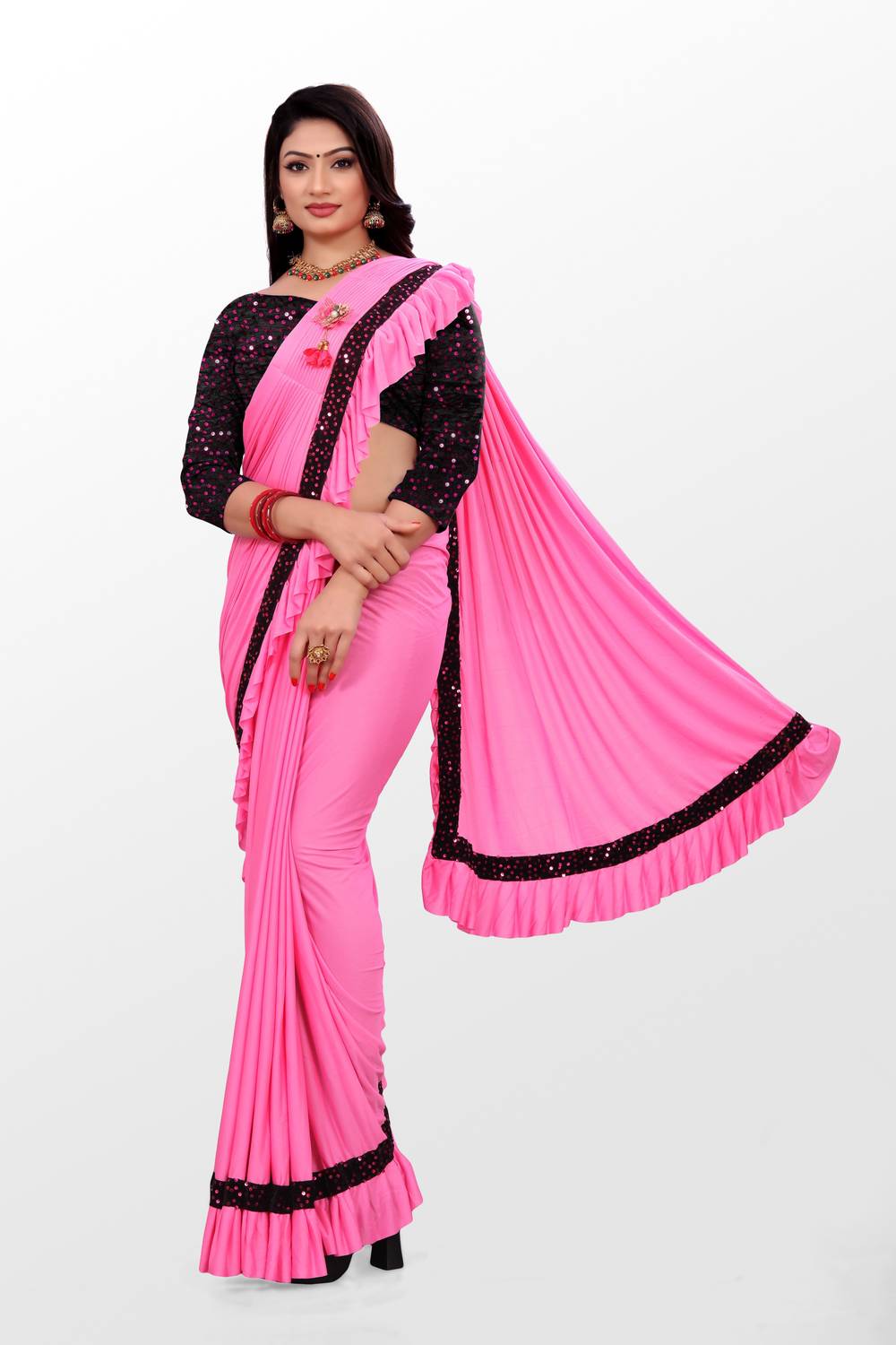 MIJAASHREE Embellished Bollywood Lycra Blend Saree (Pink)