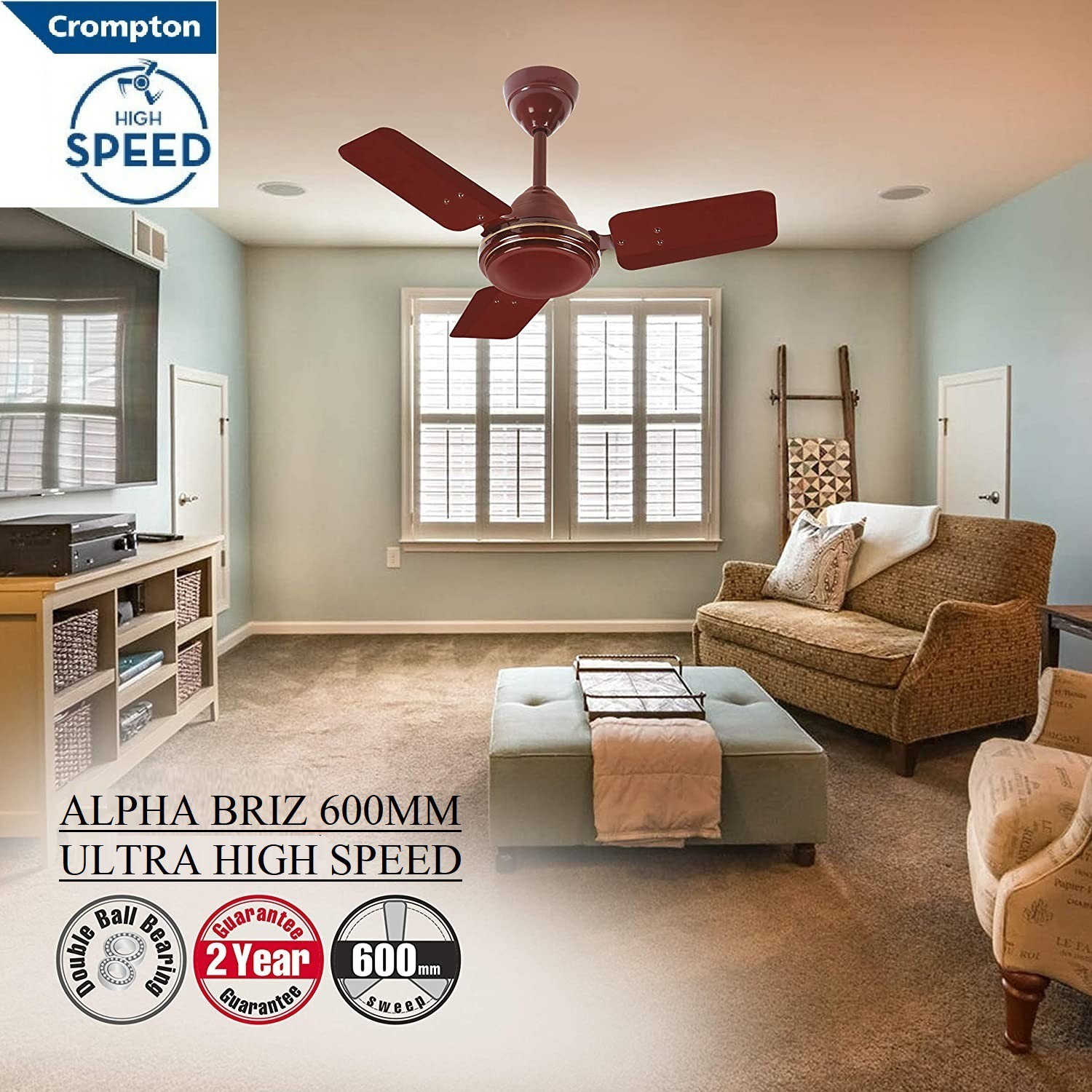 Image of Crompton SUREBREEZE HS Plus ULTRA HIGH SPEED 100% COPPER MOTOR LONGER LIFE 600MM /24inch25 with 24 Months Warranty Energy Saving 600 mm Ceiling Fan