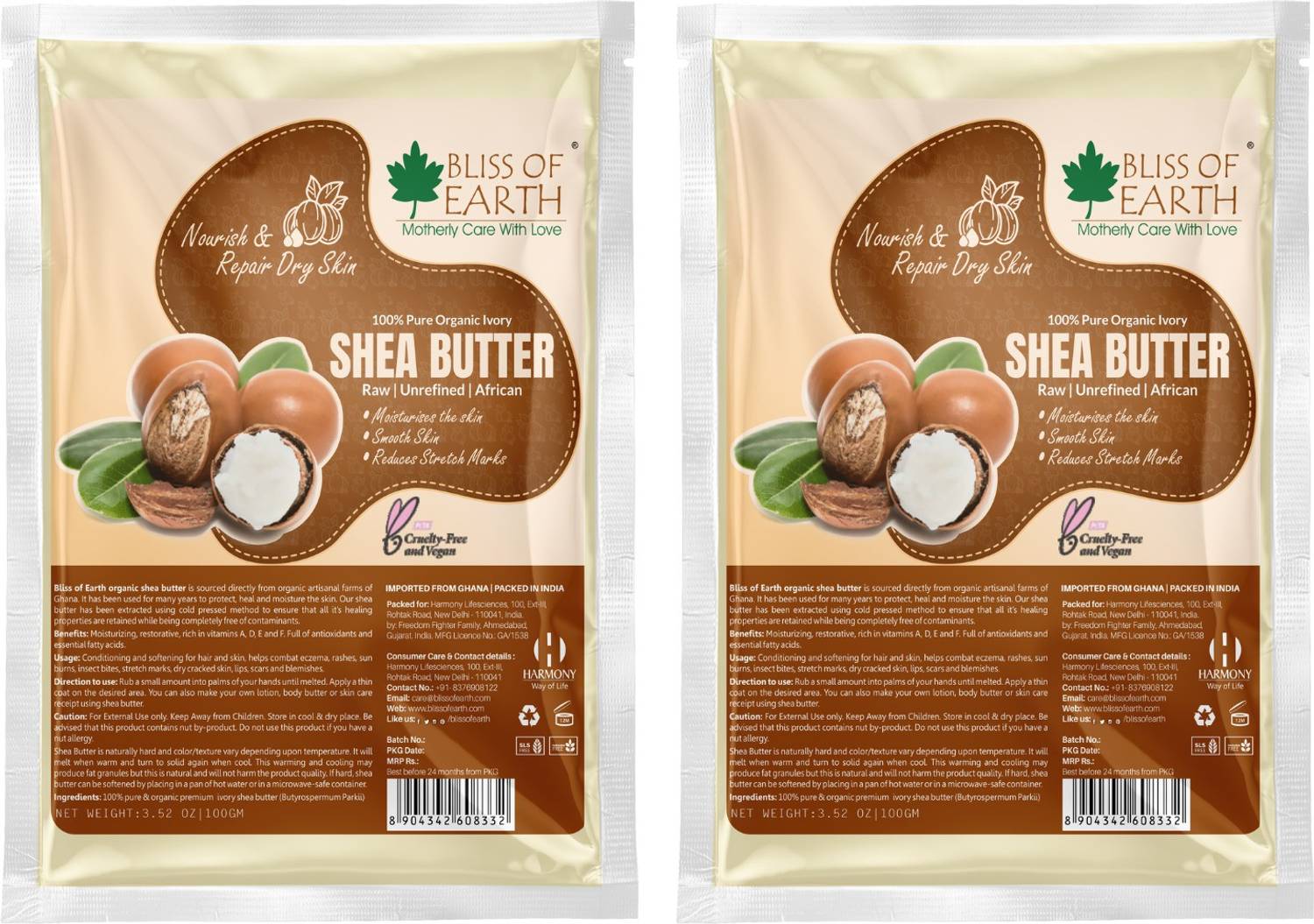 Bliss of Earth 100% Organic Shea Butter Raw Unrefined Great For Skin refill pack 2x100gm