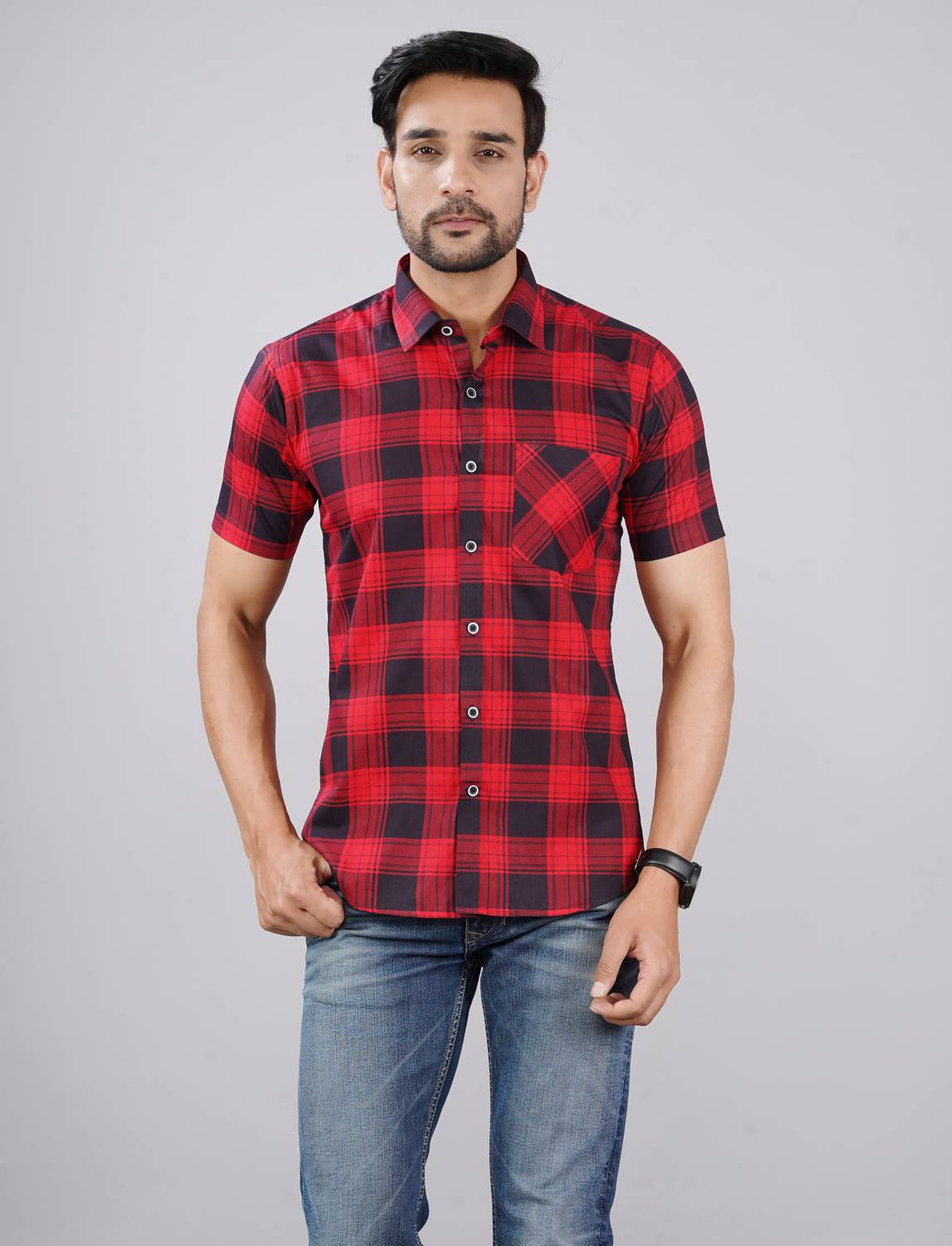 CottonMS Men Checkered Casual Red, Blue Shirt