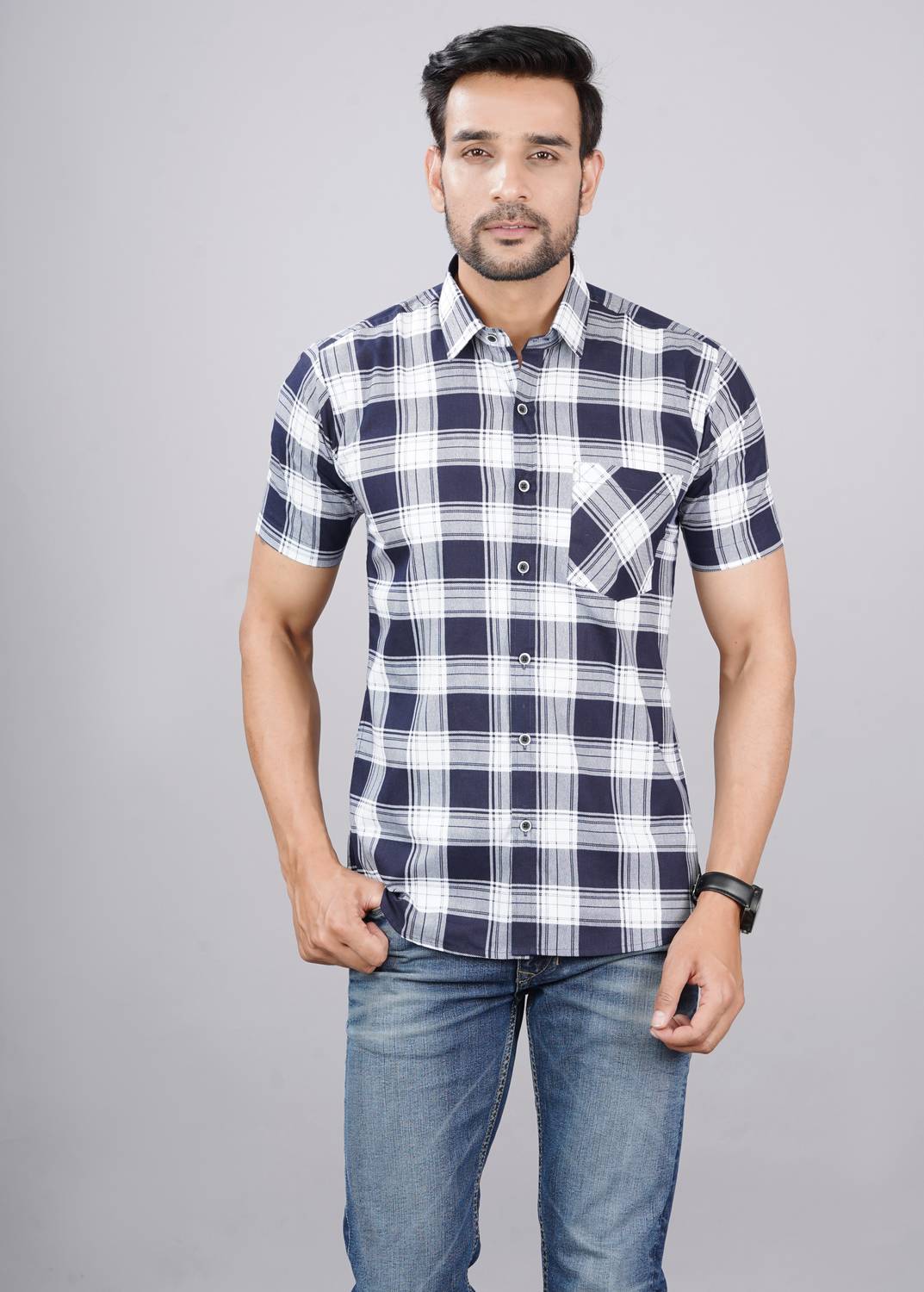 CottonMS Men Checkered Casual White, Blue Shirt