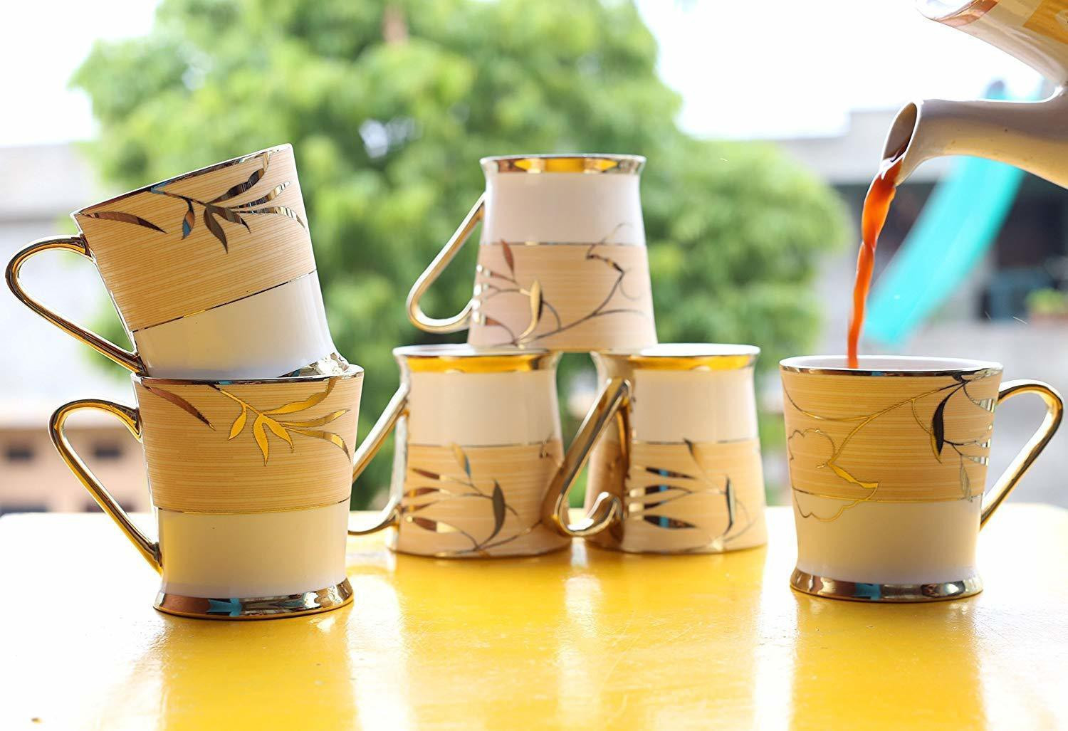 Image of Femora Pack of 6 Bone China Femora Indian Ceramic Fine Bone China Pack of 6 Fine Premium Gold Tea Cup, 200ml (Gold)