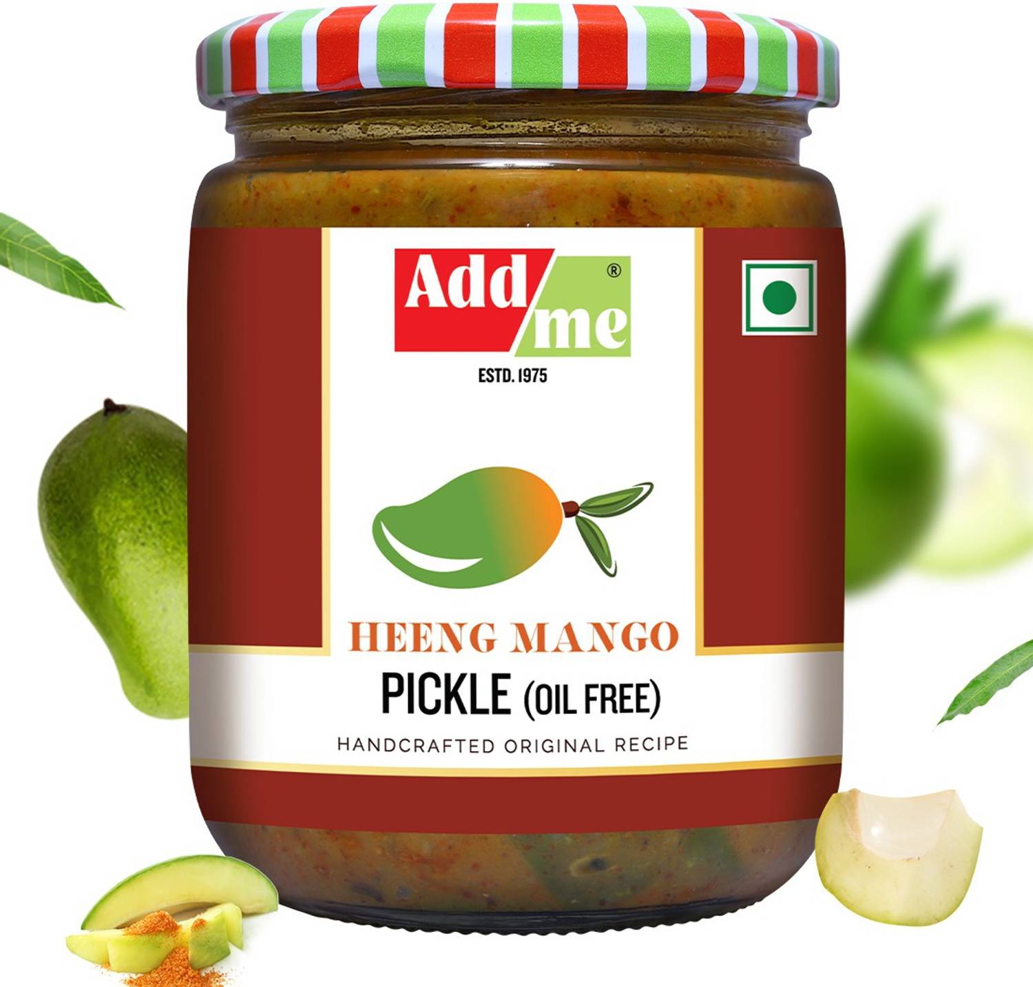 Add me Add me Home Made Heeng Mango Pickles 500gm No Oil Aam ka Achar Hing Glass Jar Lemon, Turmeric, Red Chilli Pickle