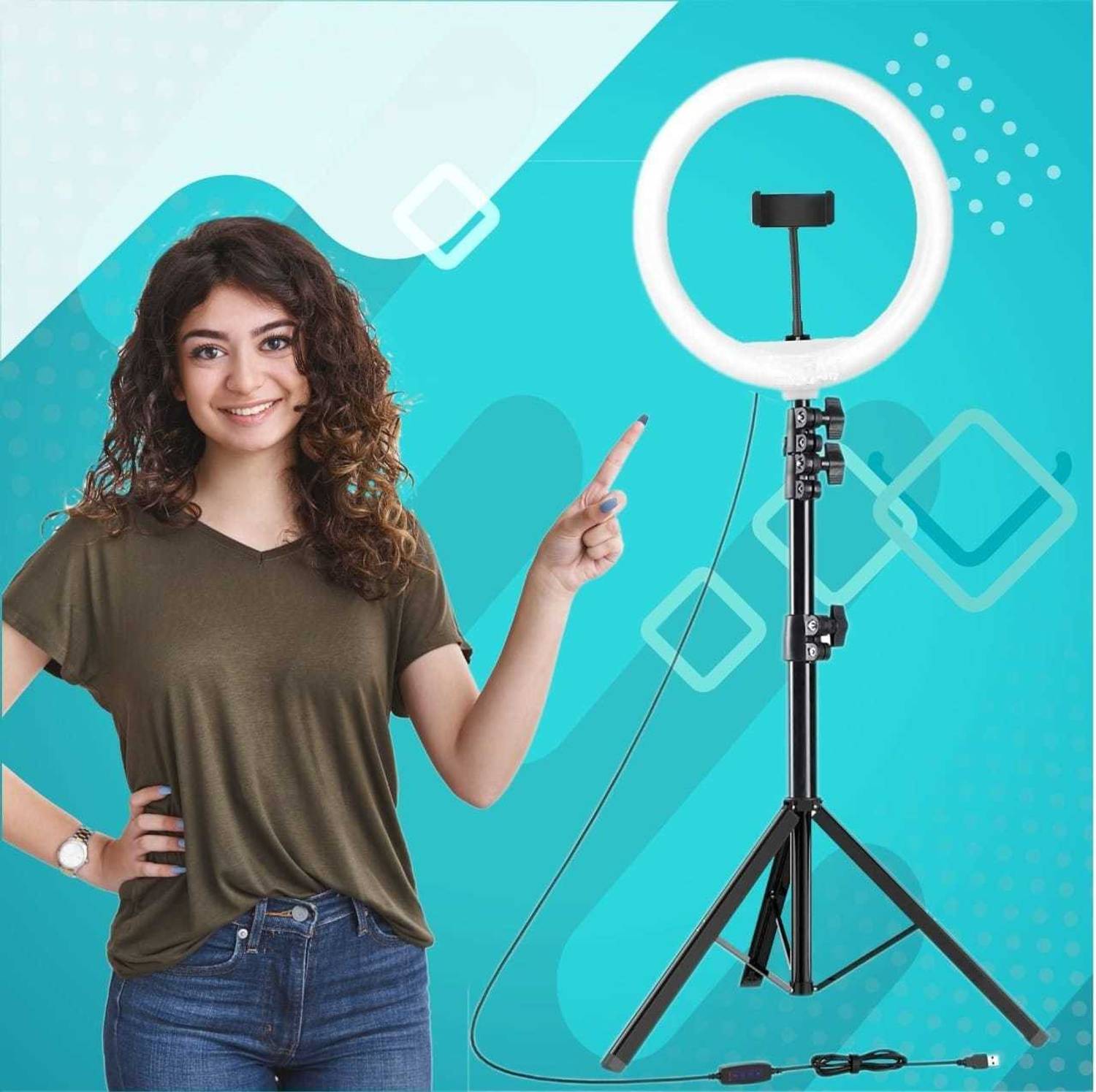 airtech Big Tripod Stand for Live Stream-LED Ring Light-10 Inch with Phone Holder Dimmable for Tik-Tok, mx taka tak, Josh, Moj, Mitron, Instagram Reels, Likee Tripod Stand Ring Flash 9 FT Tripod Kit (Black) Tripod Kit