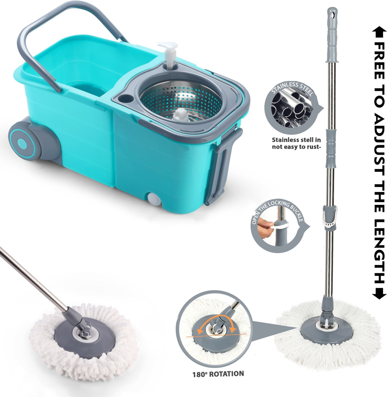 Image of THUNDER FIT START FRESH Premium Double Bucket Mop with 3 Super Microfiber Refills (C-Green) (Steel) Mop Set