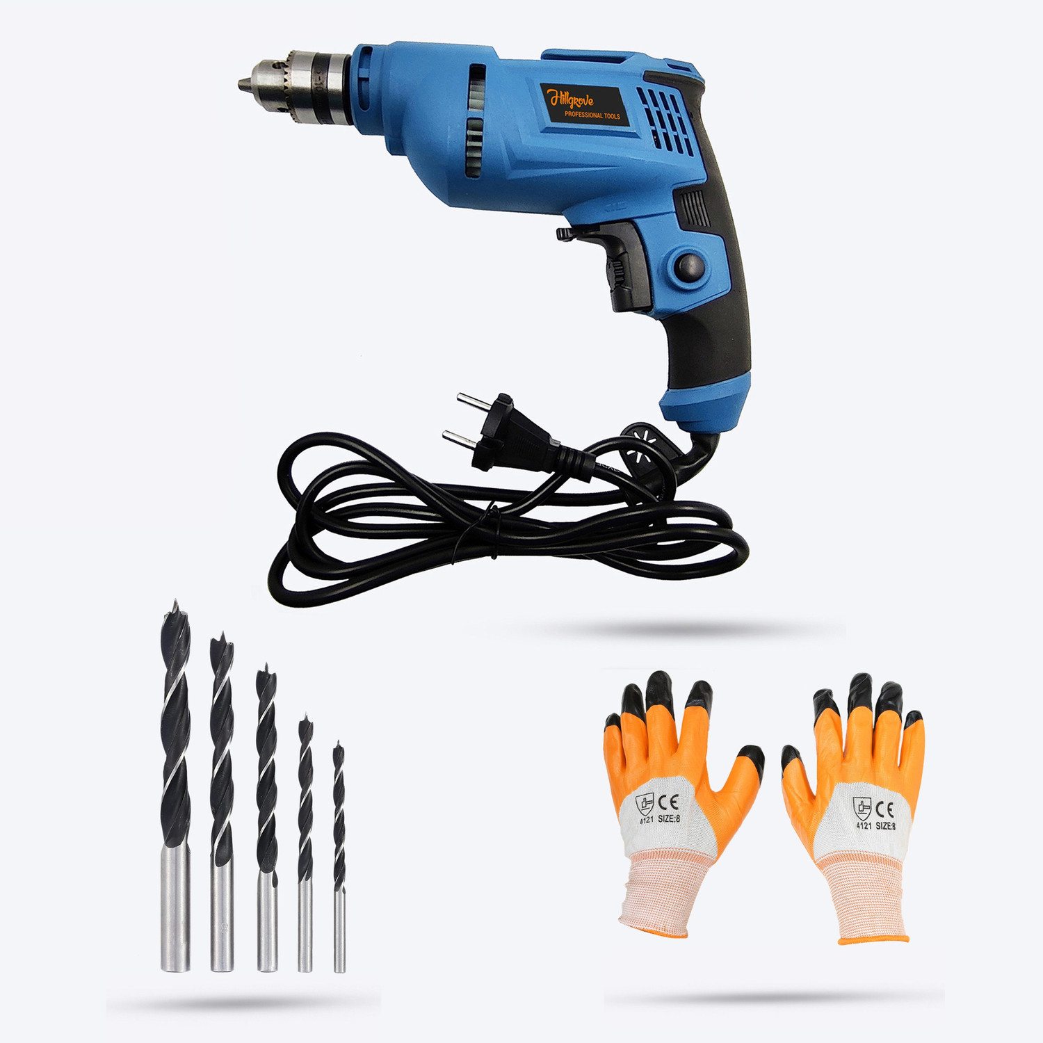 Image of Hillgrove HGCM127M2 500W Pistol Grip Drill Machine with Gloves, 5Pcs Wood Drill Bits Power & Hand Tool Kit