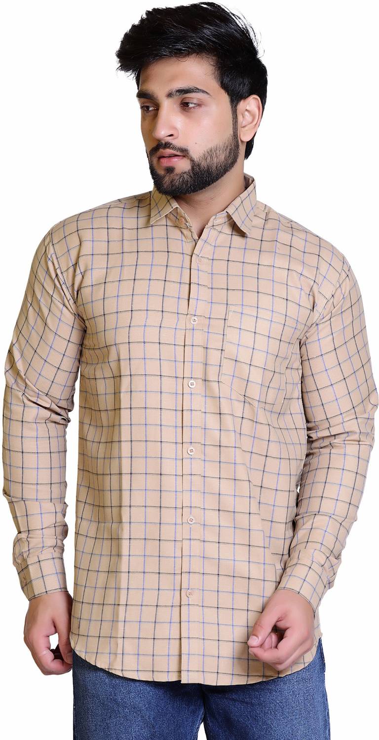 BRAZO Men Checkered Casual Beige Shirt