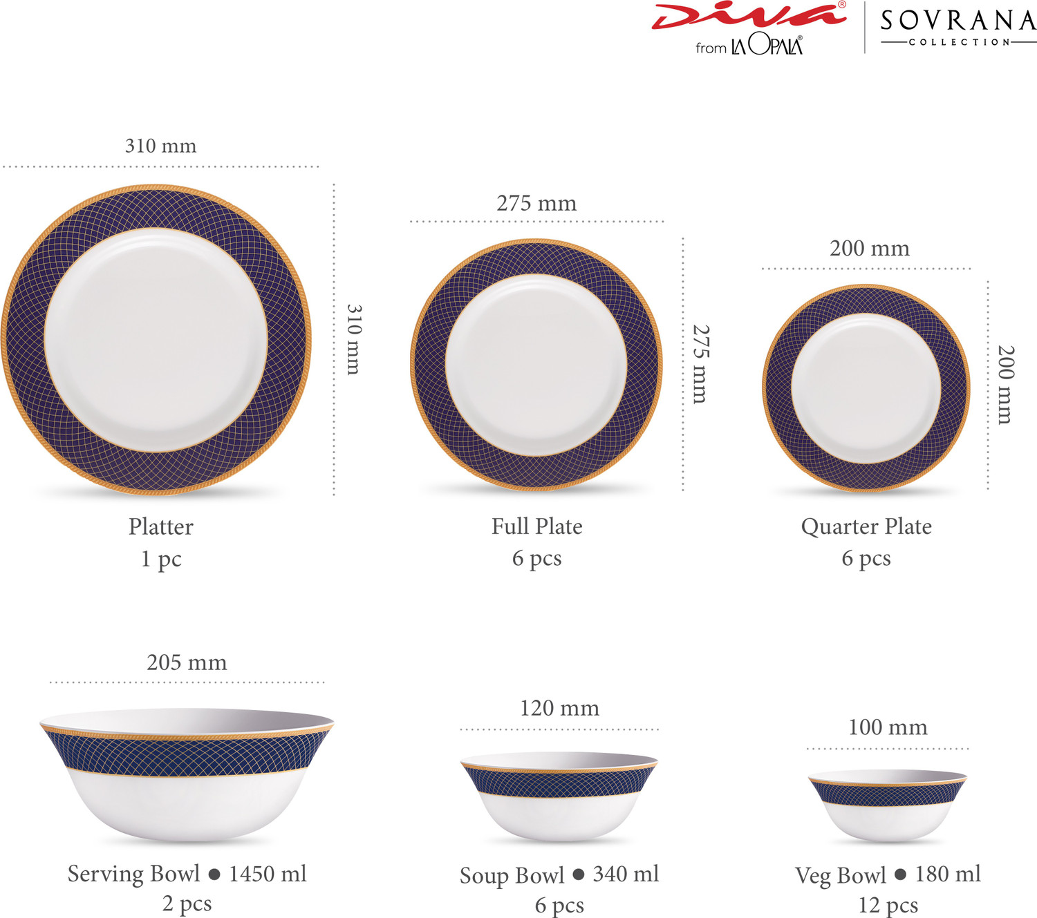 Image of LAOPALA Pack of 33 Opalware Regent Blue Opalware Dinner Set (Set of 33pcs) Dinner Set