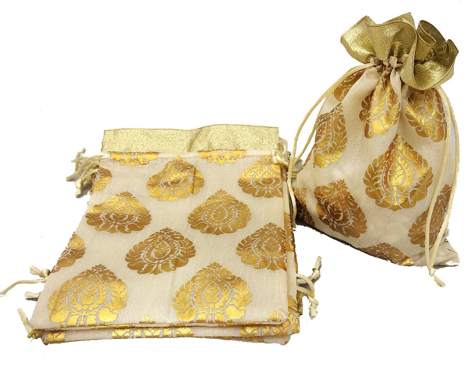 3A Featuretail 15pc 24cm x18cm Golden Printed Drawstring Bags Pouches Potli for Gift/Jewelry Potli