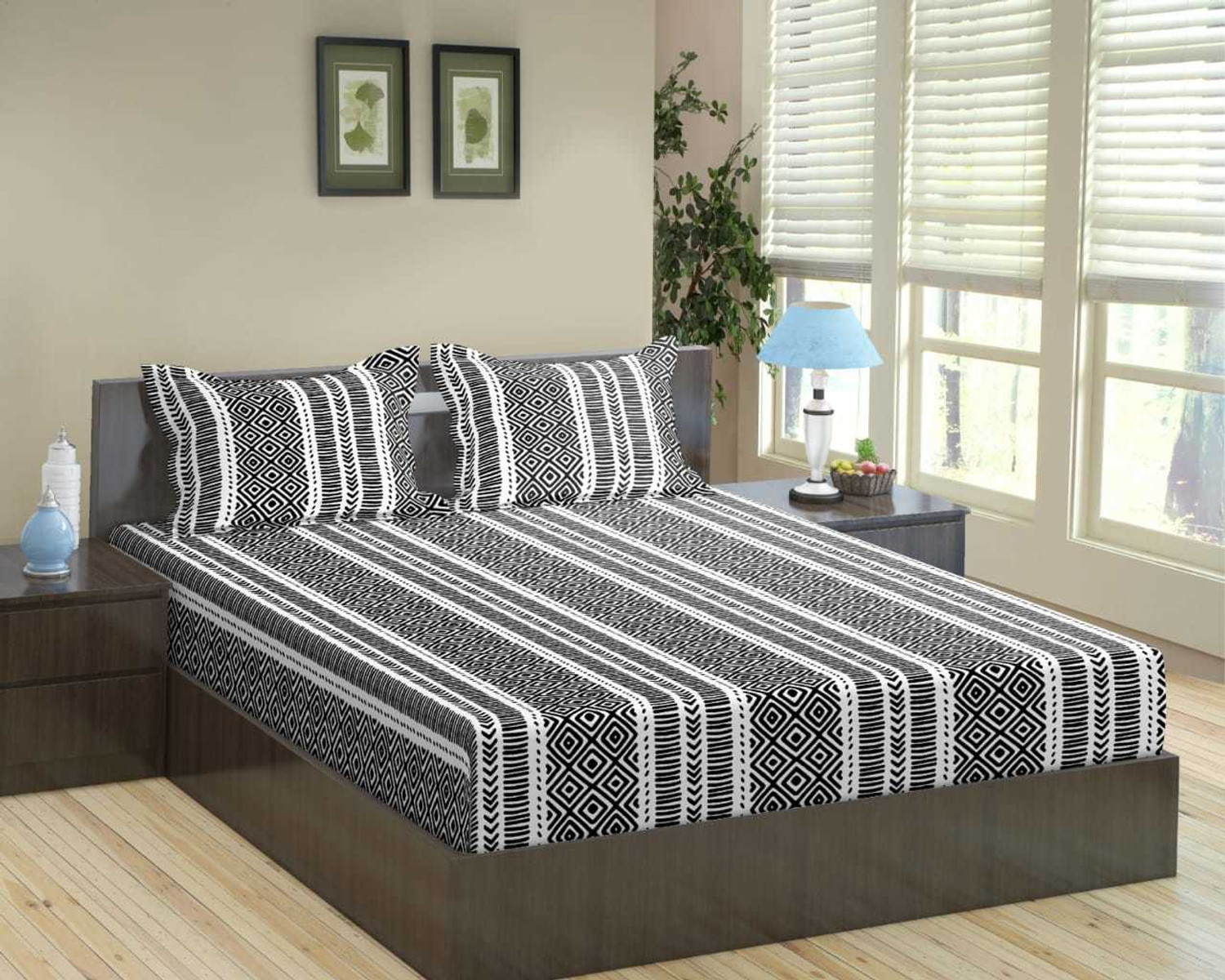 Image of Trance Home Linen Cotton King Flat 200 TC Striped 1 Bedsheet with 2 Pillow Covers
