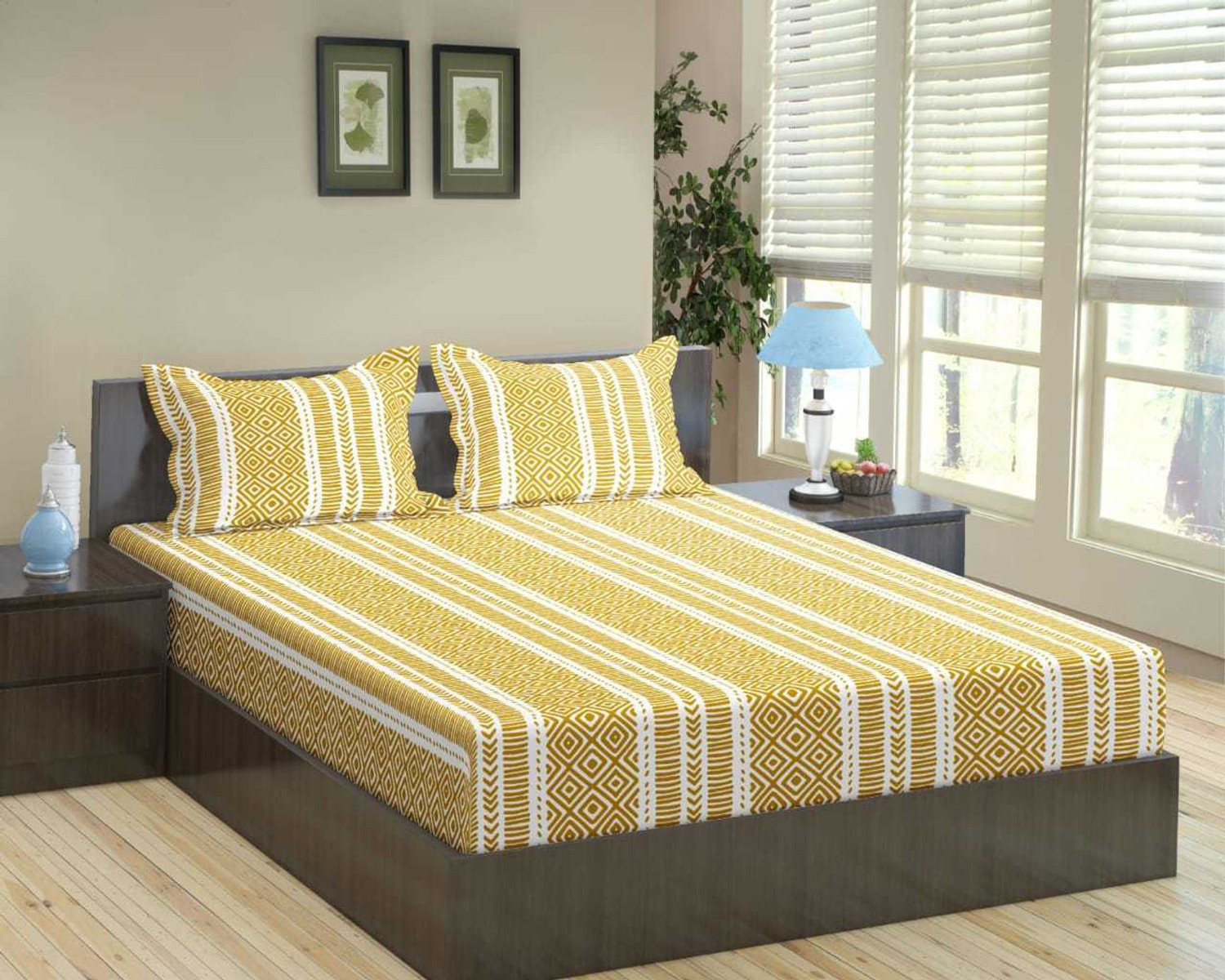 Image of Trance Home Linen Cotton King Flat 200 TC Printed 1 Bedsheet with 2 Pillow Covers