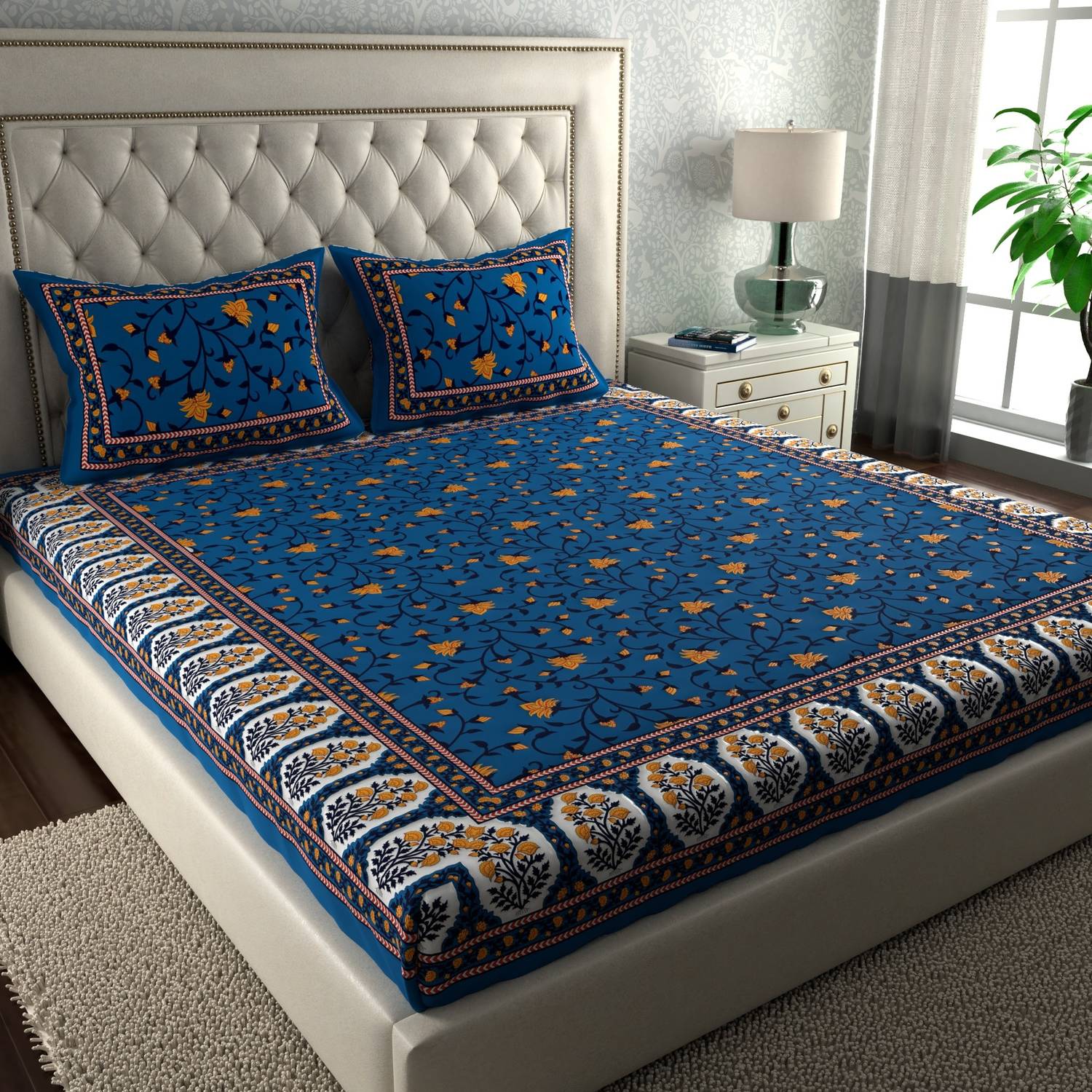 LA VERNE Cotton Double Flat 144 TC Geometric 1 Bedsheet with 2 Pi
