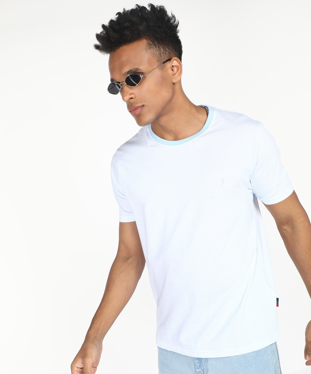 Image of INDIAN TERRAIN Striped Men Round Neck Blue T-Shirt
