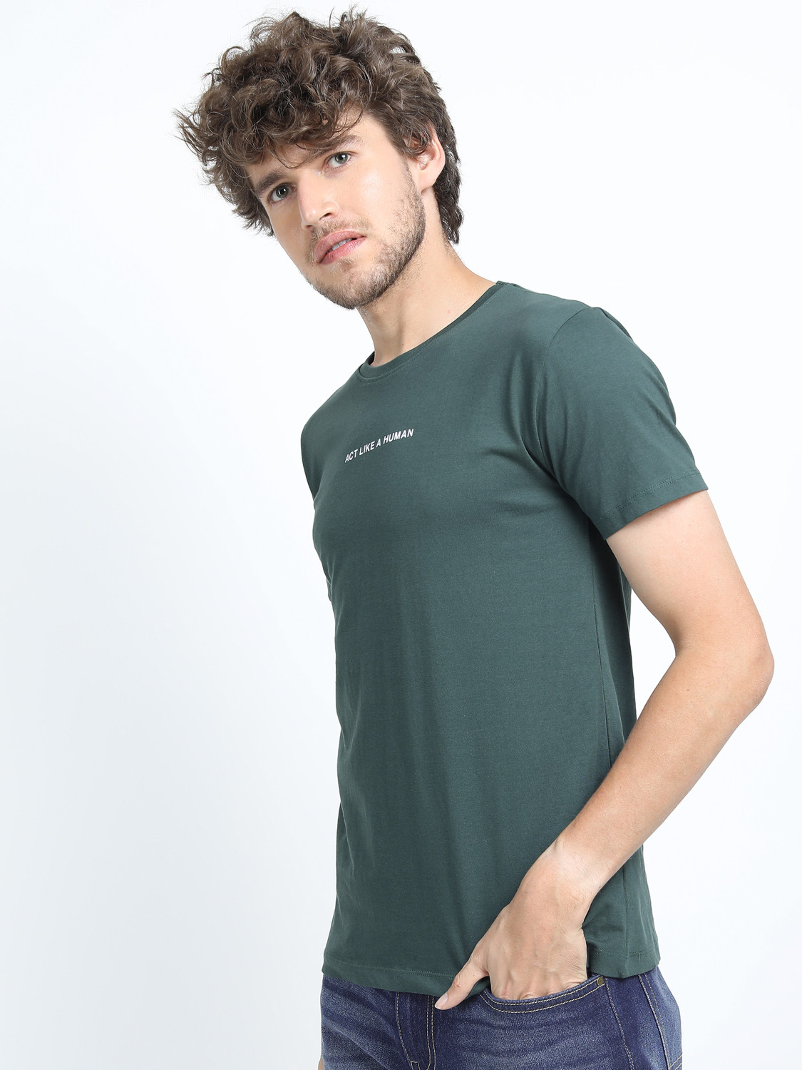 Image of HIGHLANDER Printed Men Round Neck Green T-Shirt