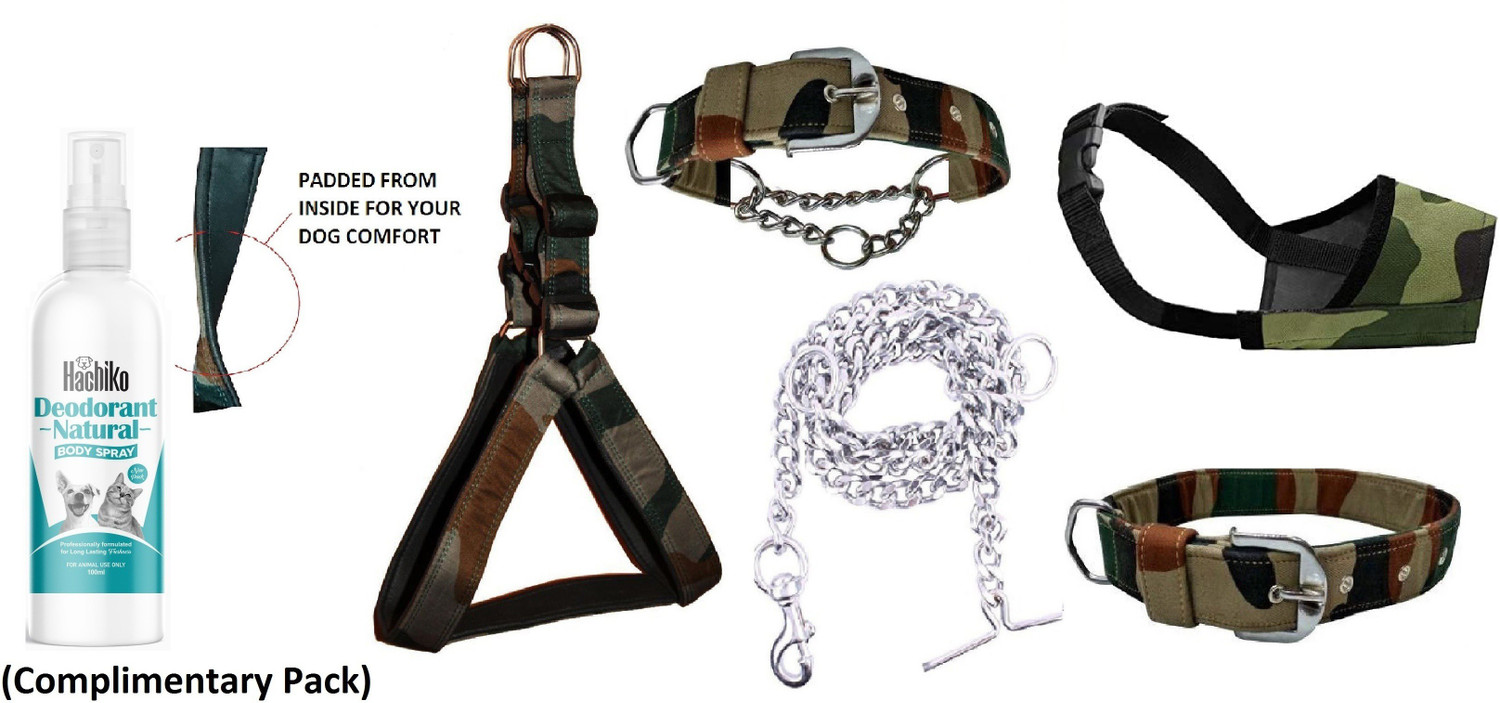 Image of Hachiko Premium Quality Army Printed Dog Body Belt Harness+Collar+Chain+Muzzle+Choke Collar For All Medium Breed Dogs.(Combo of 5) Dog Harness & Leash