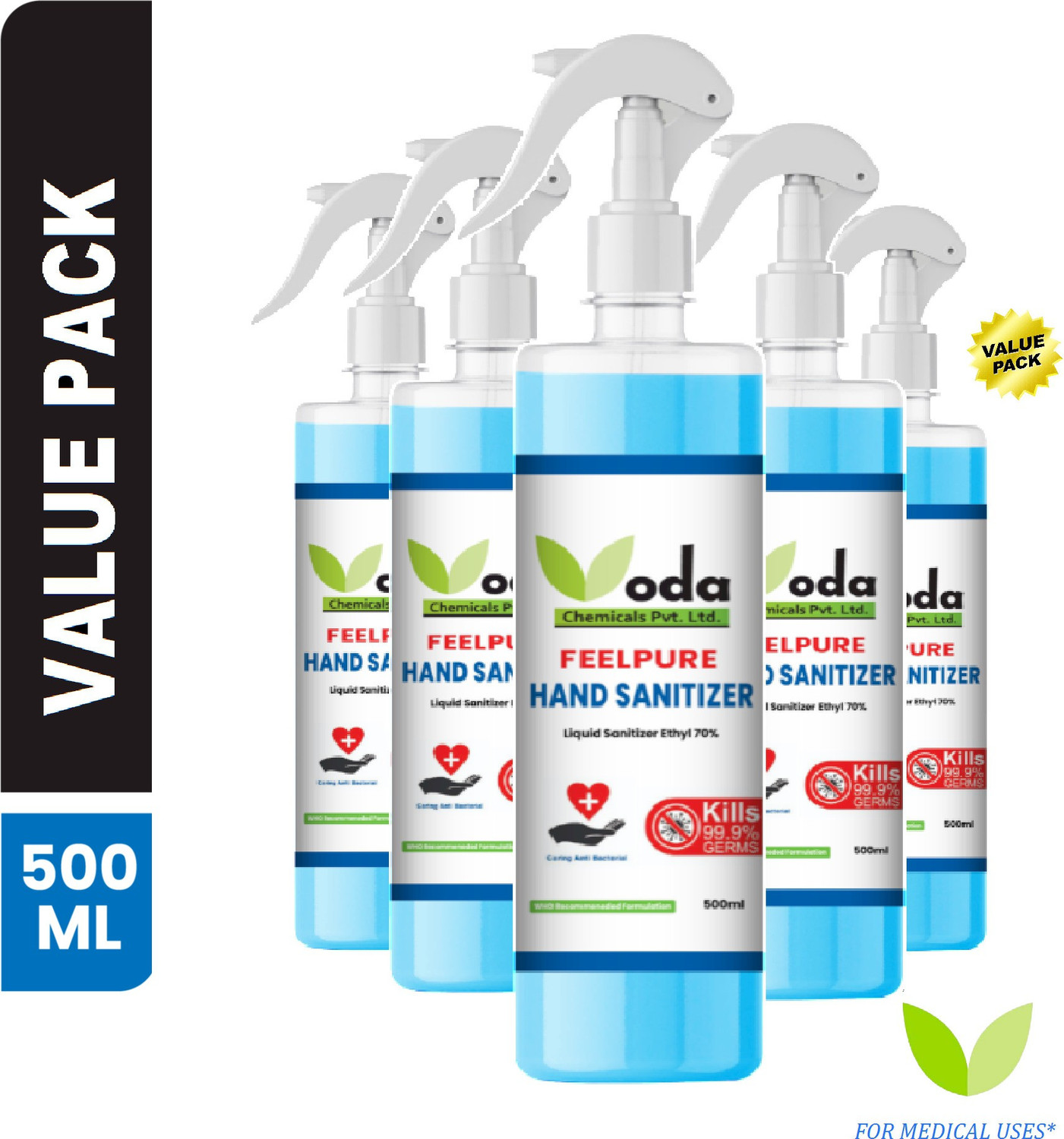 Image of ODA FEELPURE iNSTA Ethyl 70% Liquid | India's #1 Brand Trigger Spray 500ml Hand Sanitizer Bottle