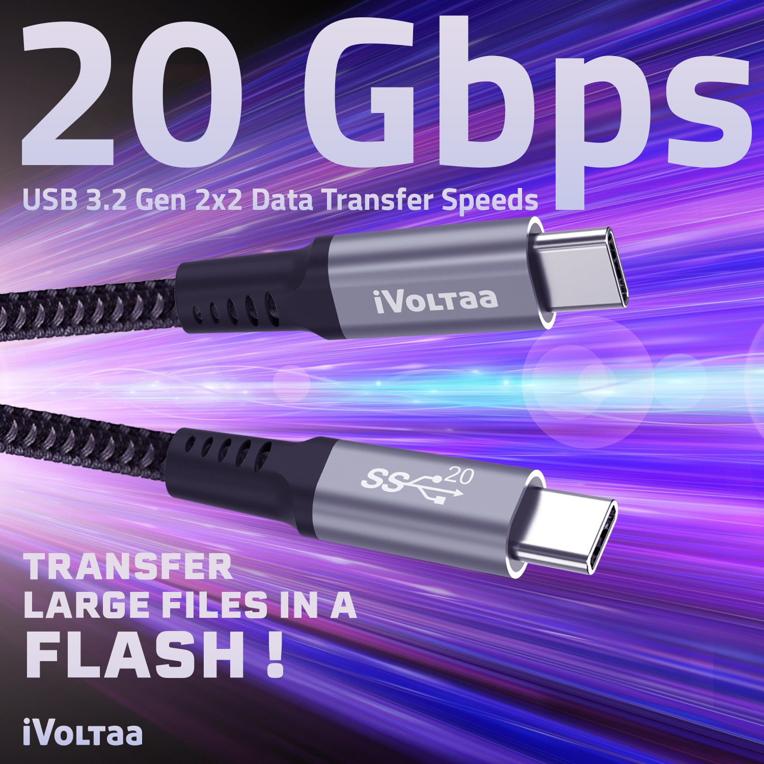 Image of iVoltaa USB Type C Cable 5 A 1 m 20 Gbps USB 3.2 Gen2 100W PD Charging 4K HDR with E-Marker Chip USB-C Cable