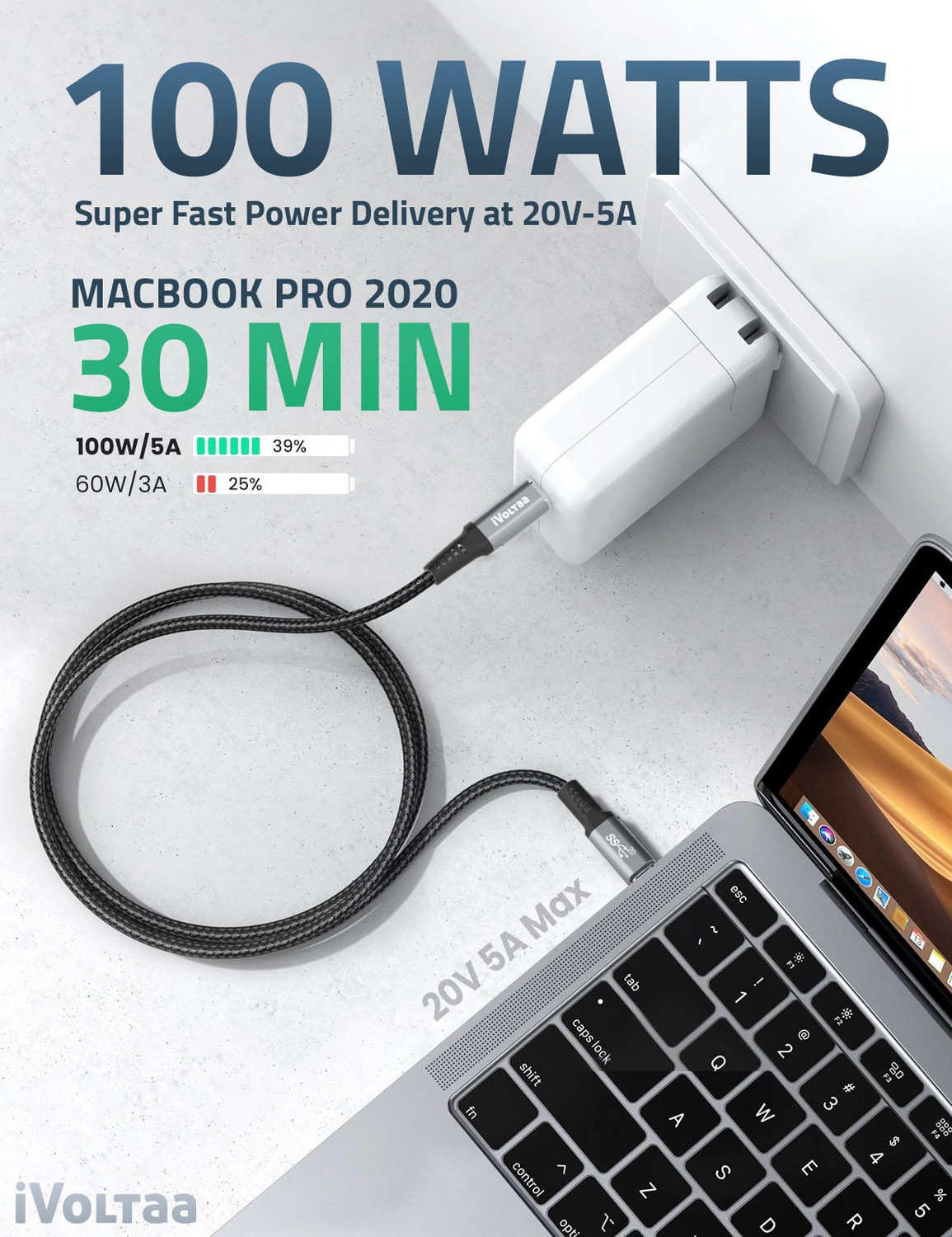 Image of iVoltaa USB Type C Cable 5 A 1 m 20 Gbps USB 3.2 Gen2 100W PD Charging 4K HDR with E-Marker Chip USB-C Cable