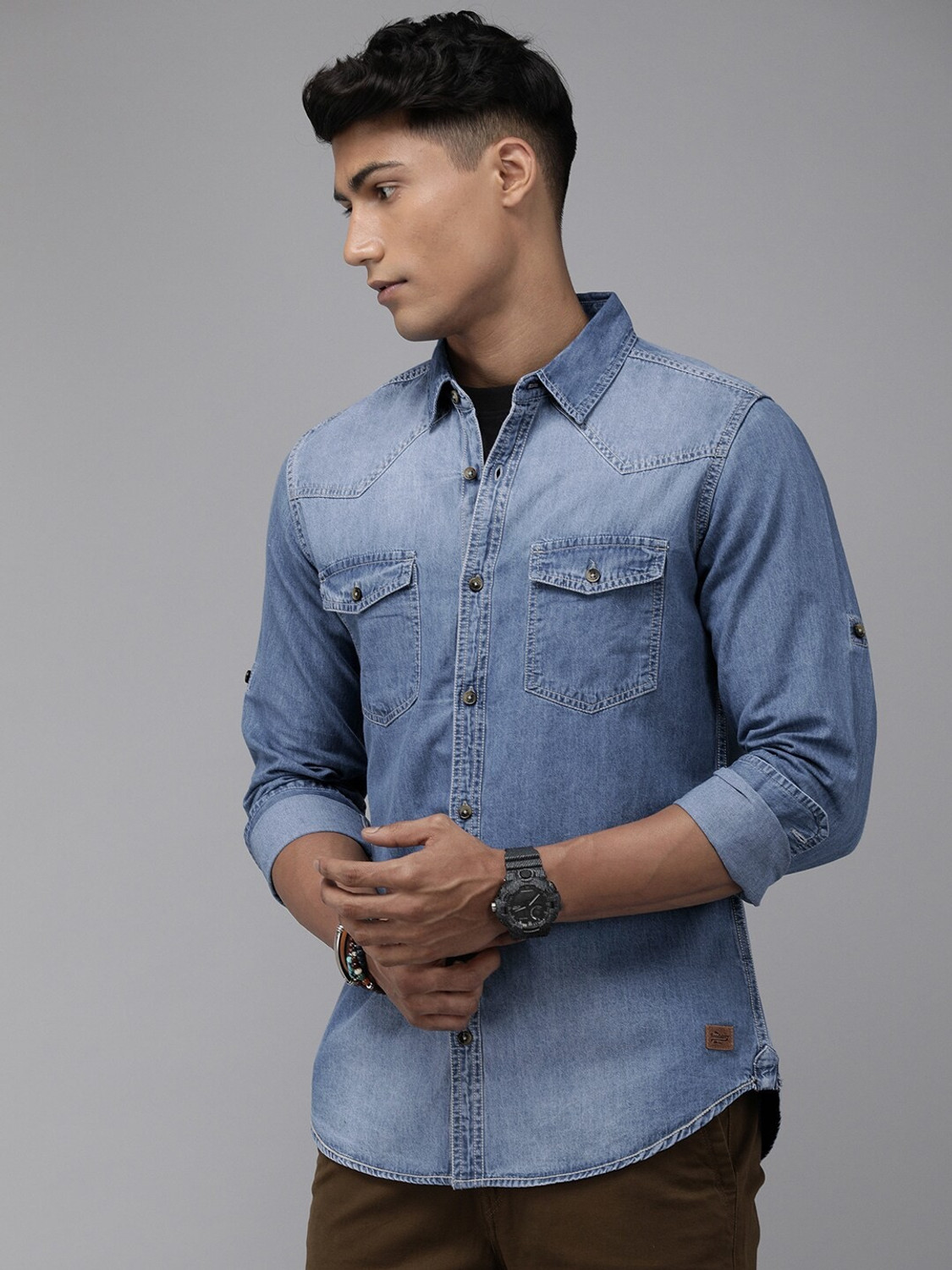 Image of Roadster Men Solid Casual Blue Shirt