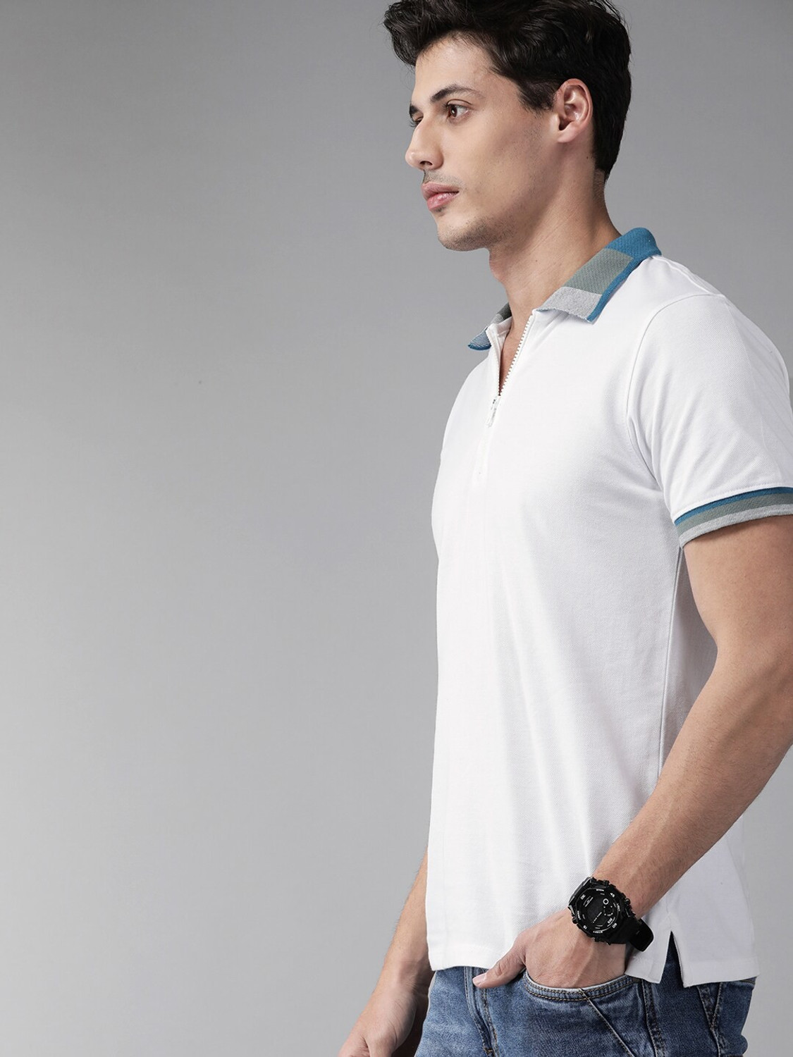 Image of Roadster Solid Men Polo Neck White T-Shirt