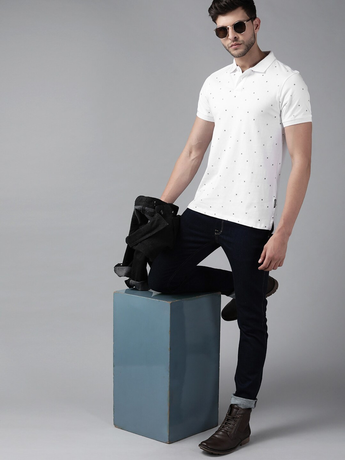 Image of Roadster Printed Men Polo Neck White T-Shirt