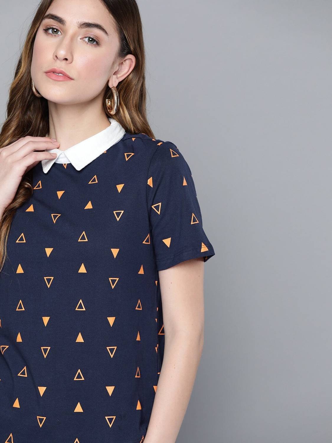 CHEMISTRY Printed Women Polo Neck Navy Blue T-Shirt