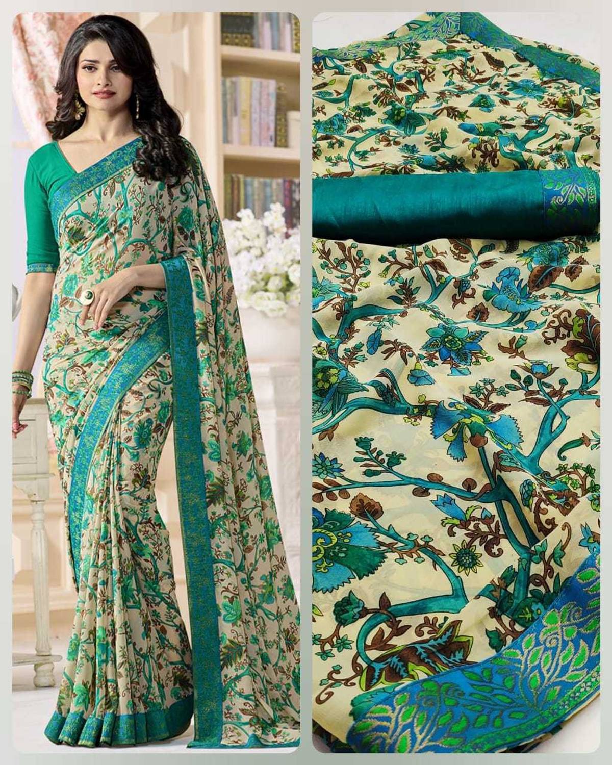 DIKONA DESIGNER Printed, Self Design, Digital Print, Embroidered, Floral Print, Solid/Plain Bollywood Georgette, Chiffon Saree