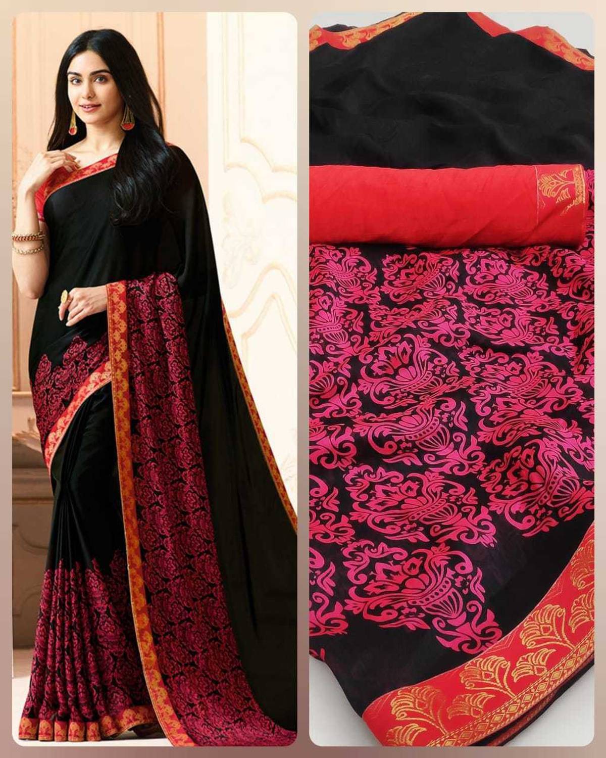 DIKONA DESIGNER Printed, Self Design, Digital Print, Embroidered, Floral Print, Solid/Plain Bollywood Georgette, Chiffon Saree