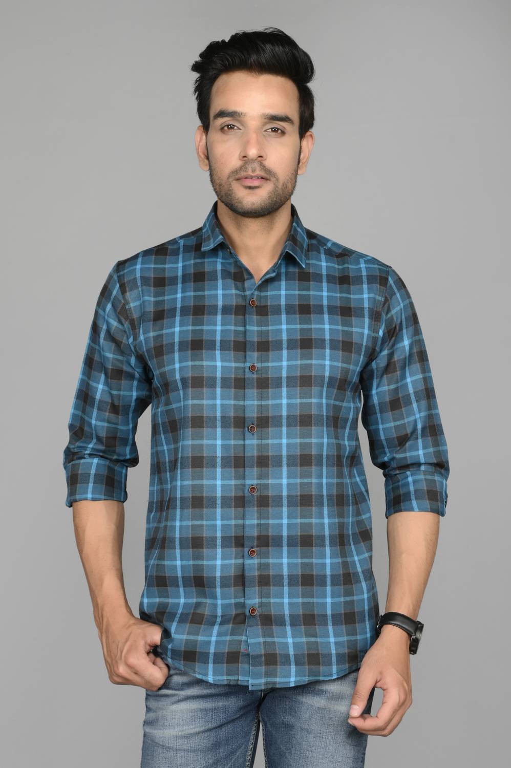 BLEZZA Men Checkered Casual Blue Shirt