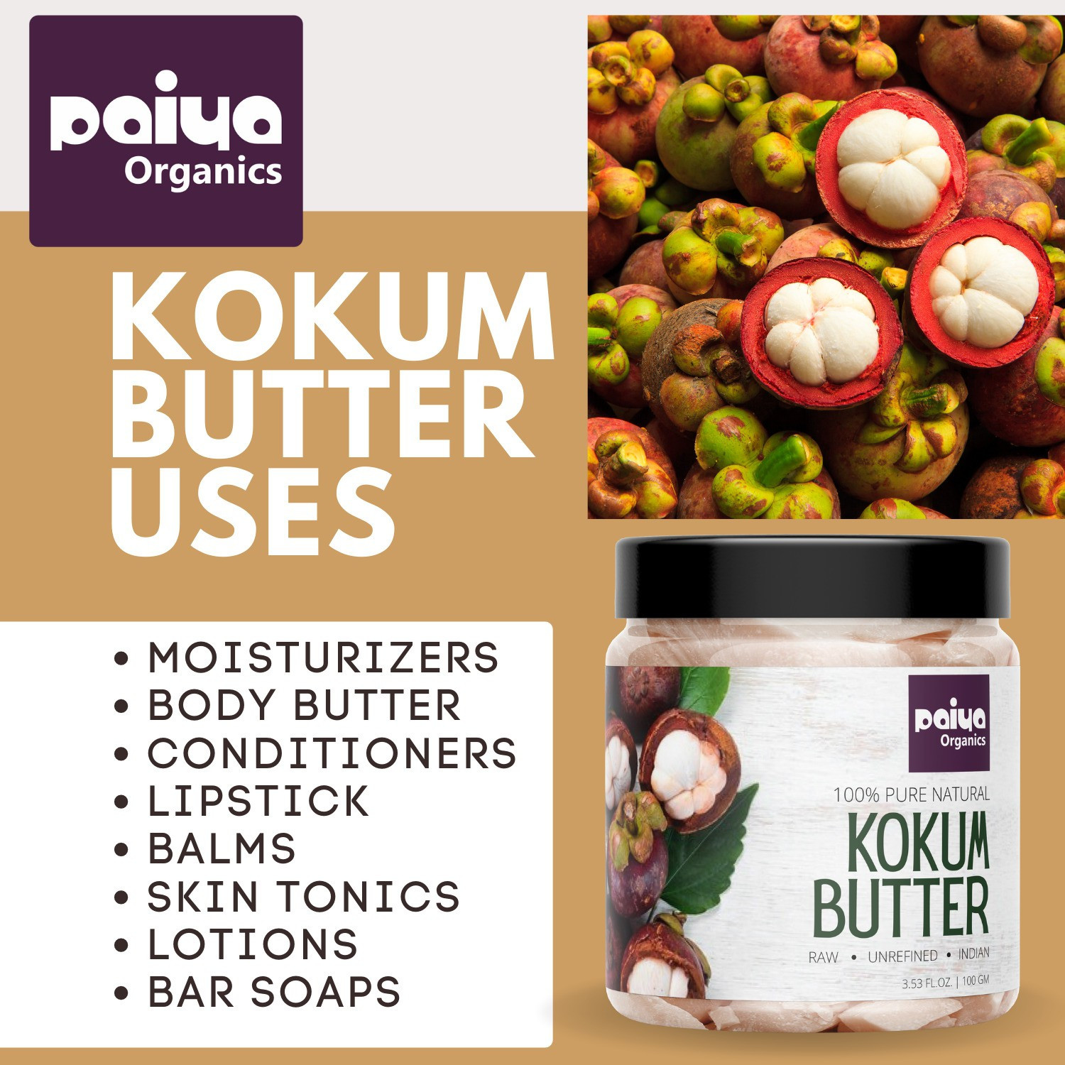 Image of paiya organics Kokum butter Unrefined Indian Great for Hair & Skin Care, Stretch mark, Sunburn