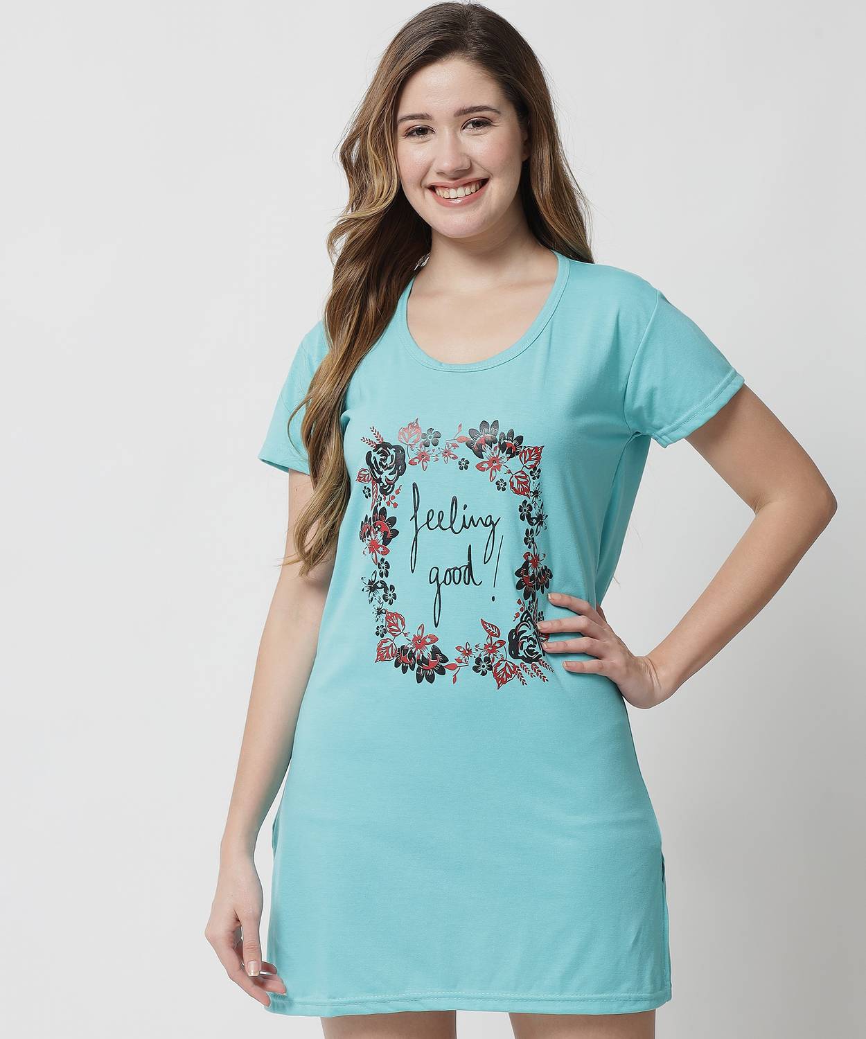 ANIXA Printed Women Round Neck Light Blue T-Shirt