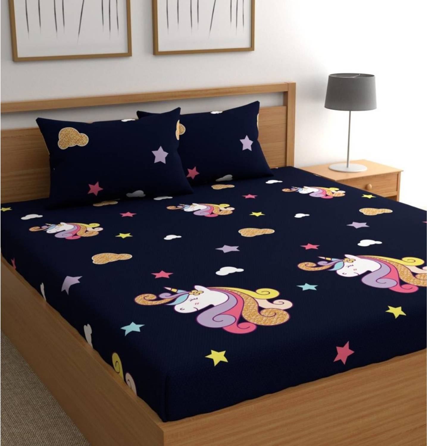 24x7 Home Store Polycotton King Fitted (Elastic) 190 TC Cartoon 1 Bedsheet with 2 Pillow Covers