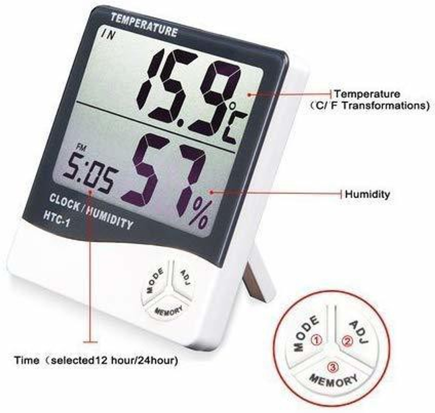 Image of thermomate Humidity Meter with Clock LCD Display Wall Mount,indoor & outdoor RT20 Thermometer
