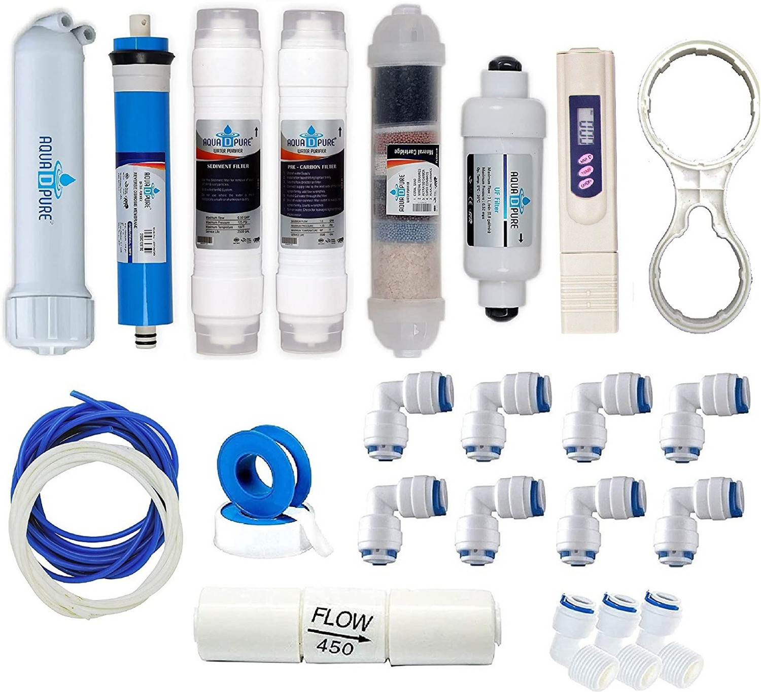 Image of AquaDpure complete Ro purifier filter service kit of 80 GPD membrane water with all accessories (Full Service KIt With 02 Inline) Solid Filter Cartridge